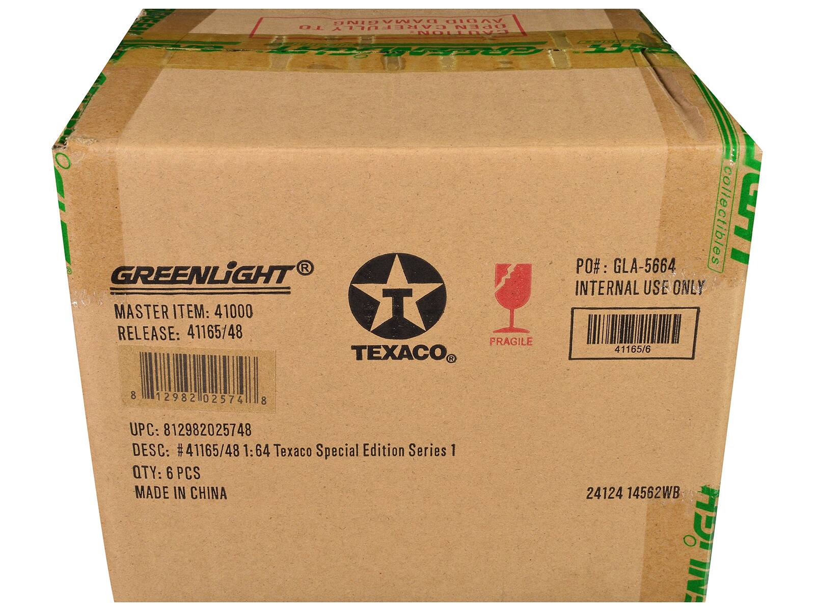 GREENLIGHT  
TEXACO  

MASTER ITEM: 41000  
RELEASE: 41165/48  

PO#: GLA-5664  
INTERNAL USE ONLY  

UPC: 812982025748  
DESC: #41165/48 1:64 Texaco Special Edition Series 1  
QTY: 6 PCS  
MADE IN CHINA  

FRAGILE  

24124 14562WB
