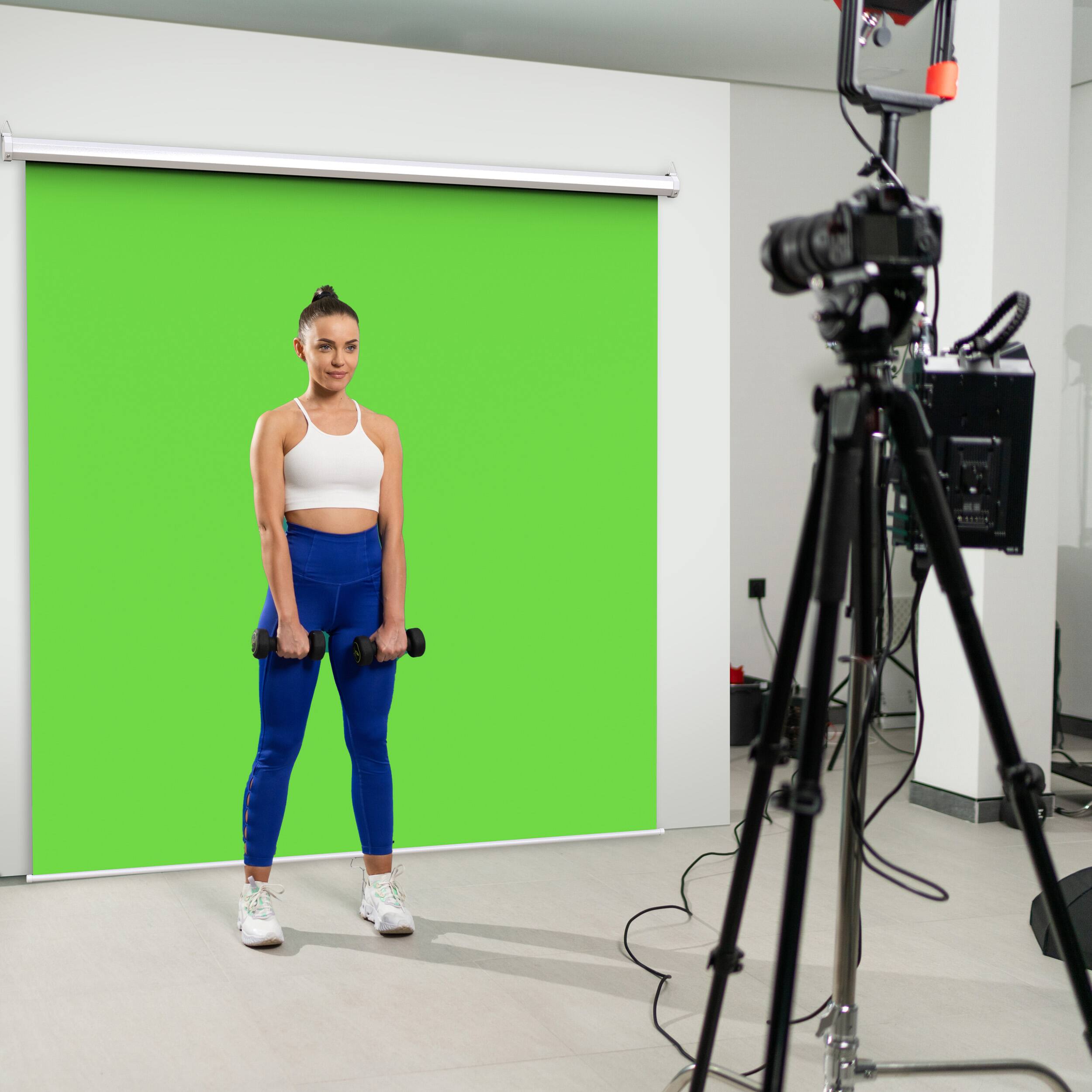 Angle. KHOMO GEAR - Green Screen 84 x 84 in – XL Pull-Down Backdrop with White Case for Video, Editing & Photography.
