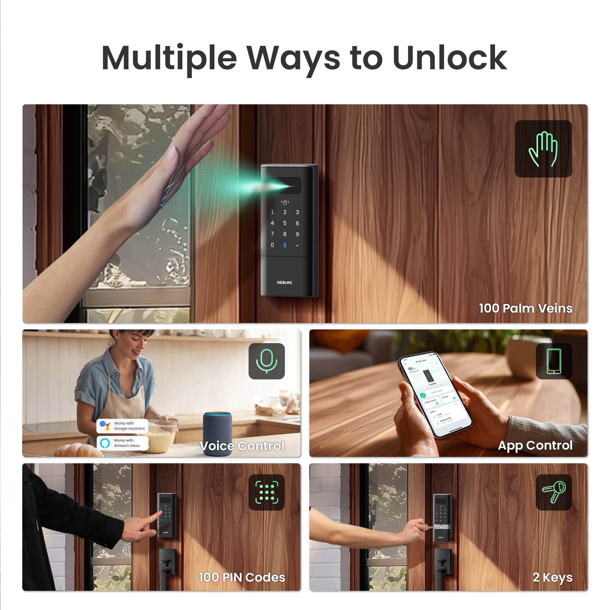 Multiple Ways to Unlock

- 100 Palm Veins
- Voice Control
- App Control
- 100 PIN Codes
- 2 Keys