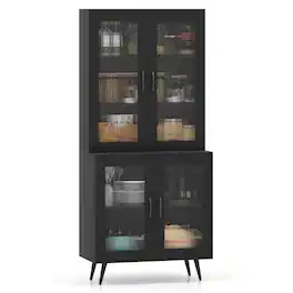 Costway - Kitchen Pantry Cabinet with Translucent Fluted Doors & Adjustable Shelf - Black
