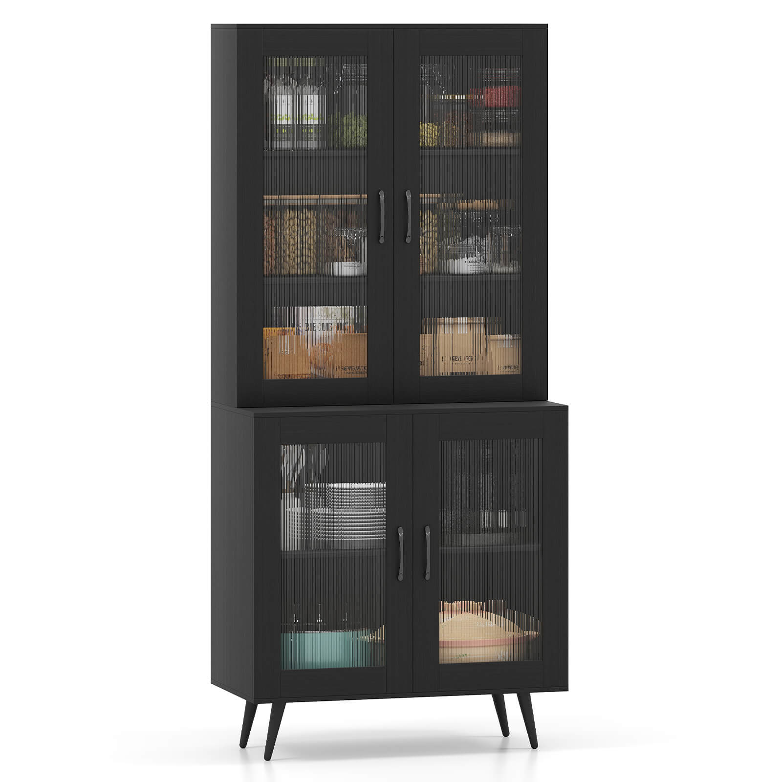 Front. Costway - Costway Kitchen Pantry Cabinet with Translucent Fluted Doors & Adjustable Shelf - Black.