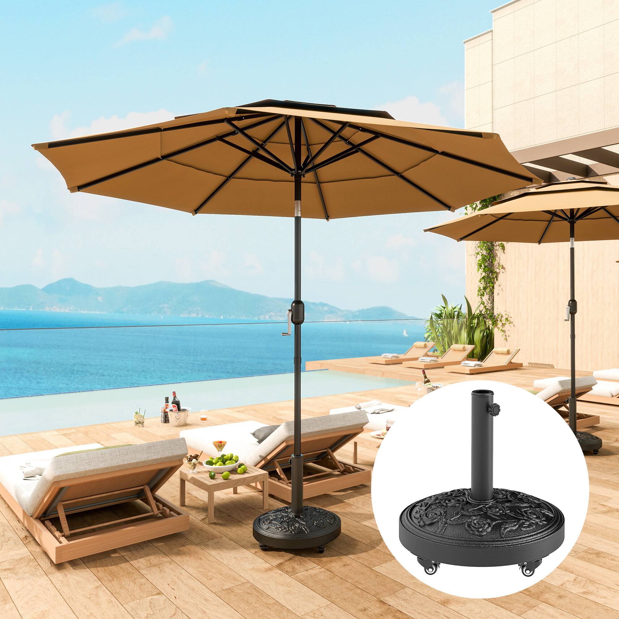 Angle. Outsunny - Round Patio Umbrella Base, 46 lbs Resin Umbrella Base with Wheels, Outdoor Umbrella Stand for 1.3"/1.5"/1.9" Umbrella - Black.