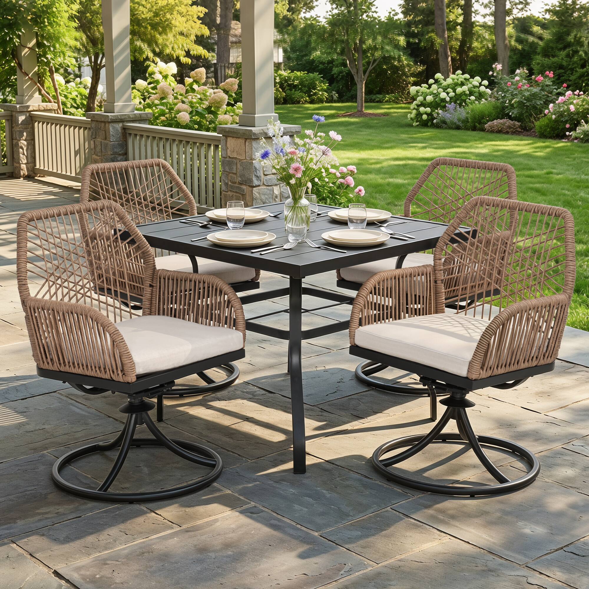 Angle. Nuu Garden - Outdoor 5PCS Dining Set, Twisted Rattan Swivel Chairs with Beige Cushions - Twisted Rattan.