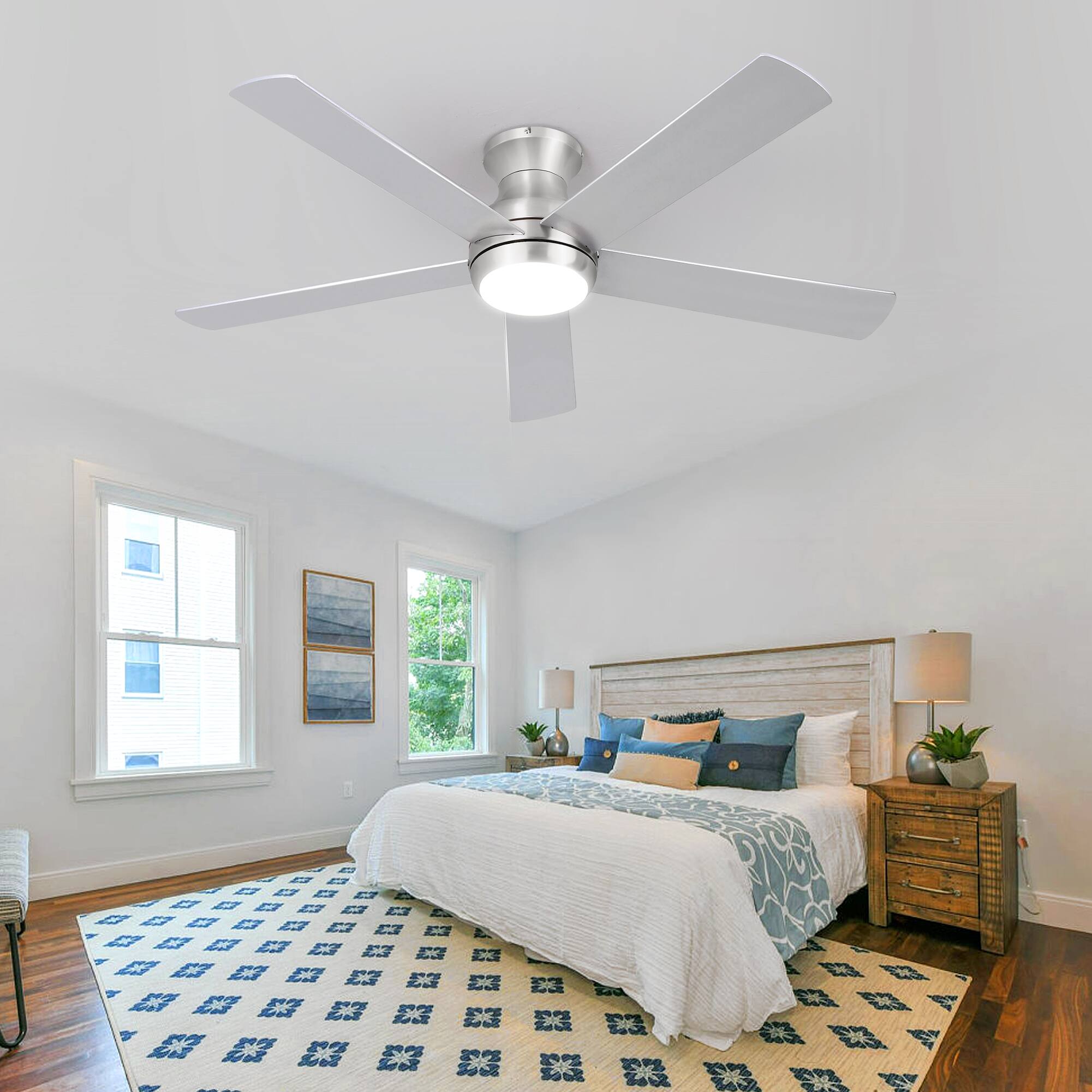 Alt View 4. Domanki - 52" Flush Mount Ceiling Fan with Light and Remote Control, Brushed Nickel, 6 Speed Reversible DC Motor  for Living Room - Sliver.