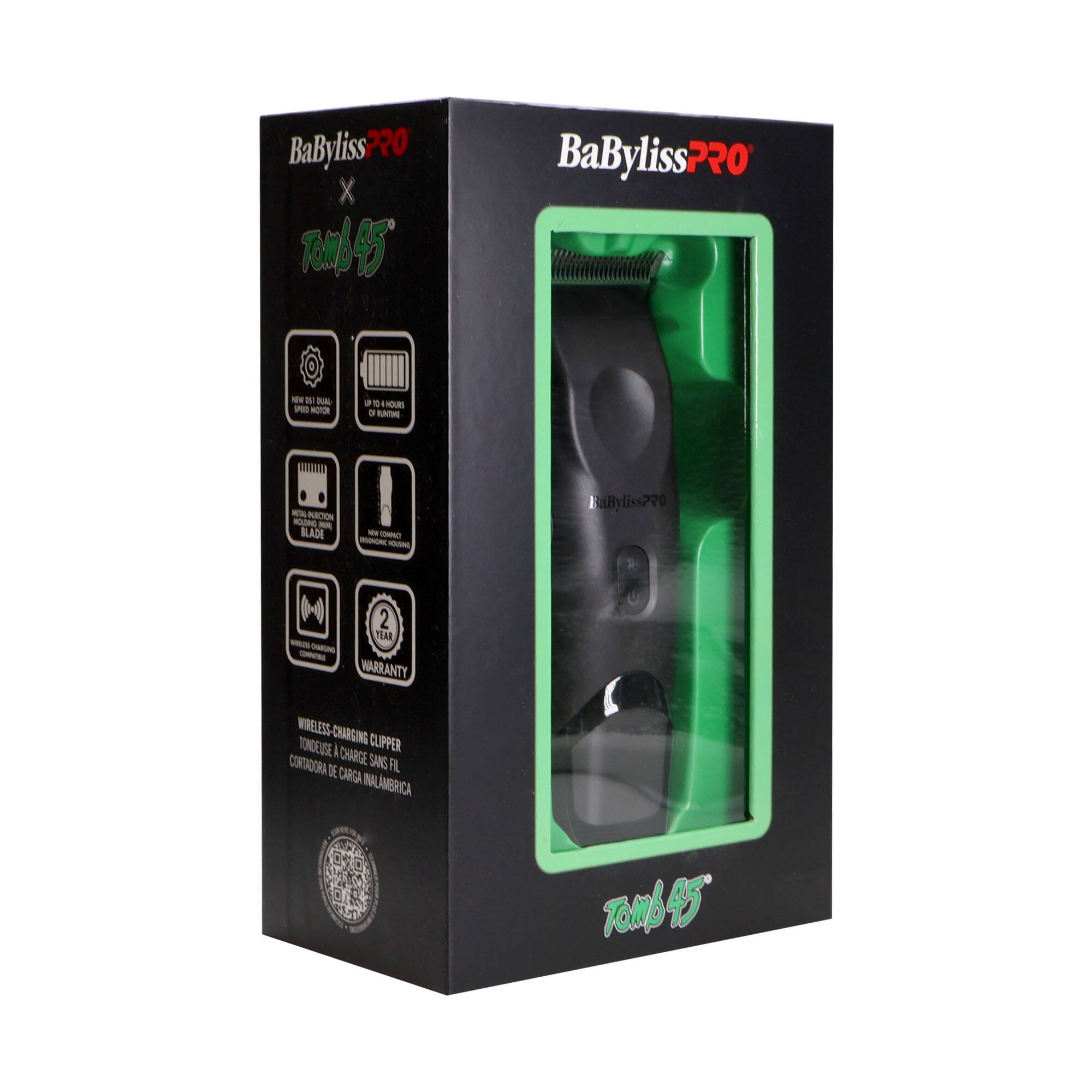 BaBylissPRO  
Tomb45  

- NEW 310W PRO MOTOR  
- UP TO 4 HOURS OF RUNNING  
- MULTI-ANGLE BLADE  
- 2 YEAR WARRANTY  
- WIRELESS CHARGING CLIPPER  
- TONDEUSE À CHEVEUX SANS FIL  
- CORTADORA DE CARGA INALÁMBRICA