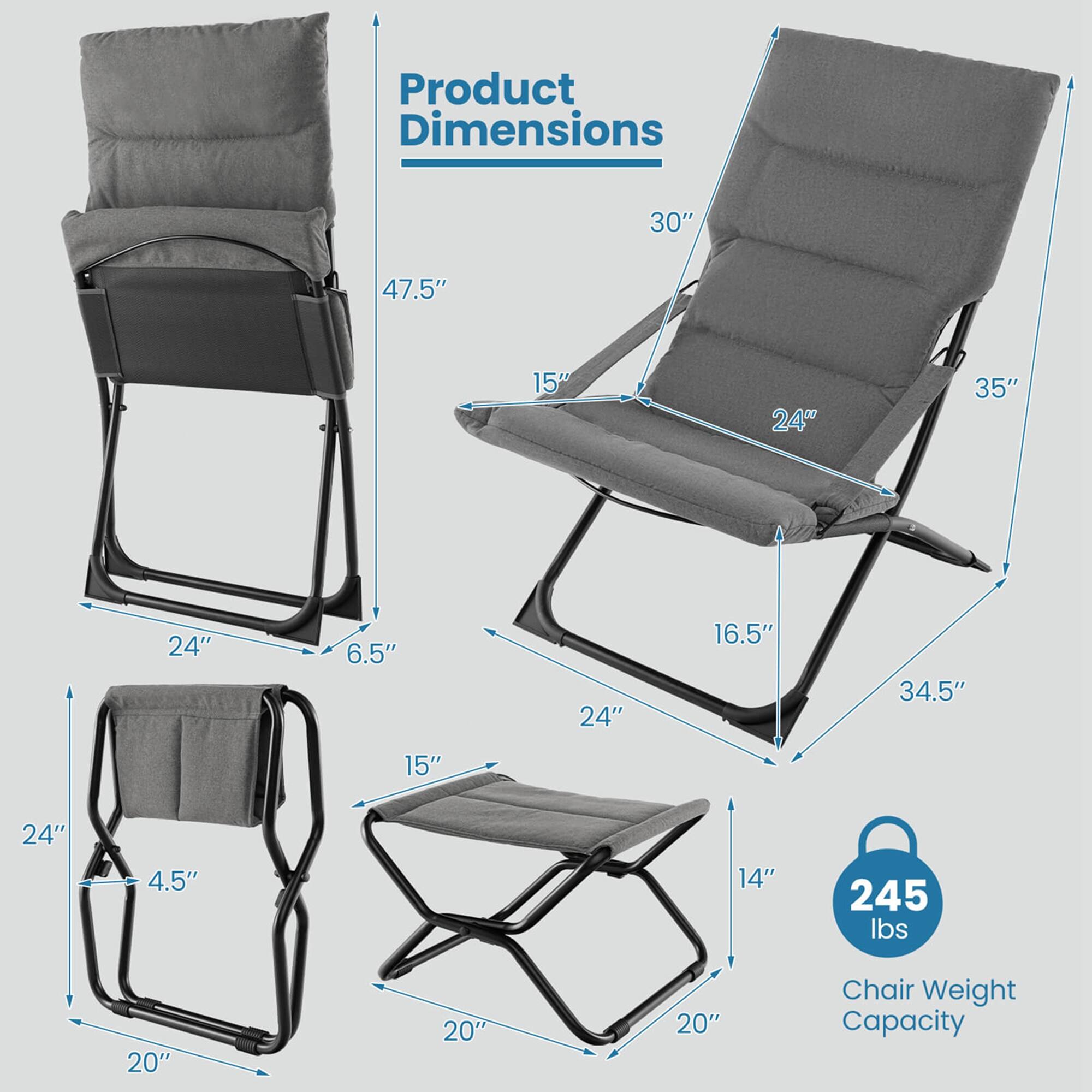 Product Dimensions:

* 30" 47.5" 15" 24" 35" 24" 6.5" 24" 16.5" 34.5" 15" 24" 4.5" 14" 245 lbs 20" 20" 20"

Chair Weight Capacity: 245 lbs
