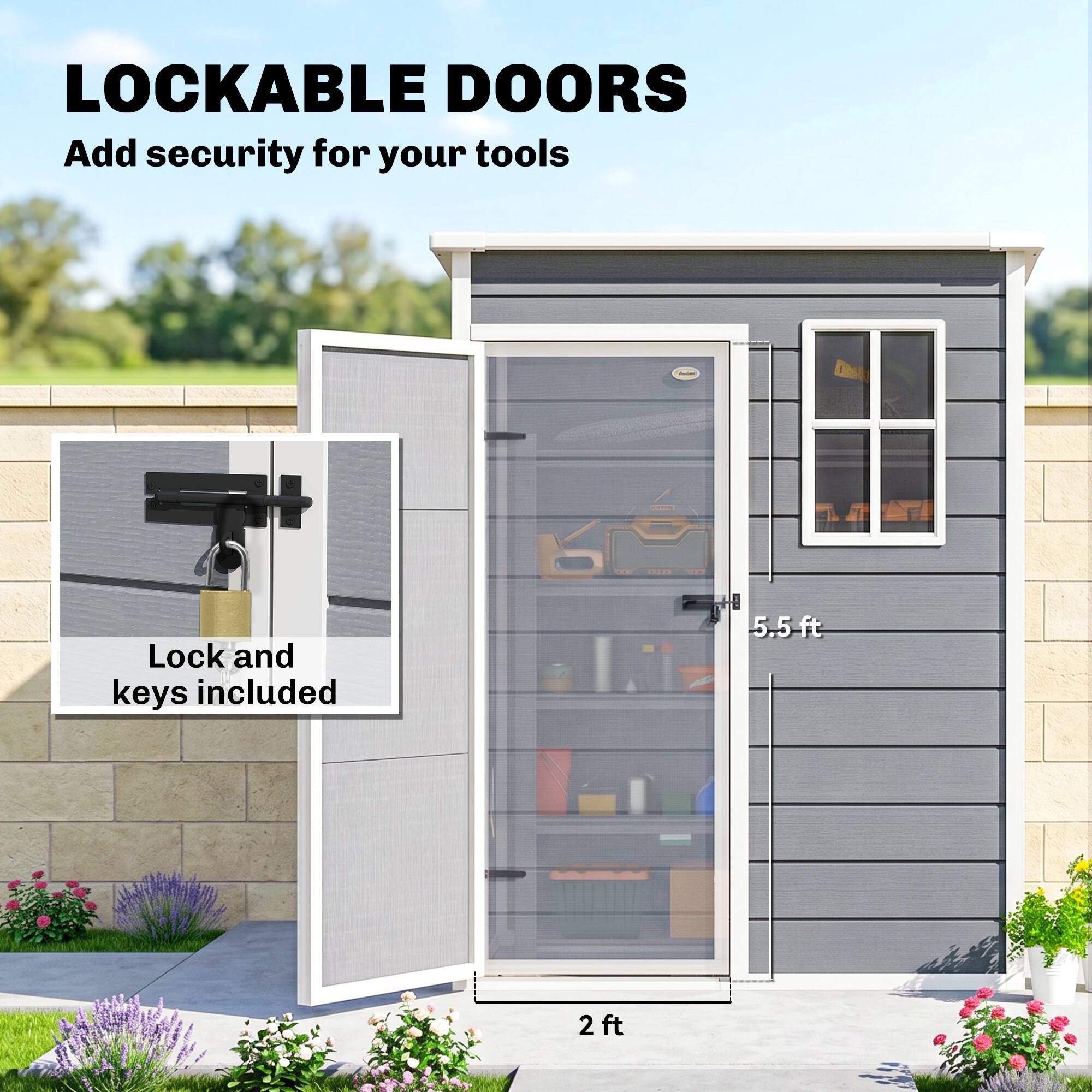 LOCKABLE DOORS  
Add security for your tools  
Lock and keys included  
5.5 ft  
2 ft