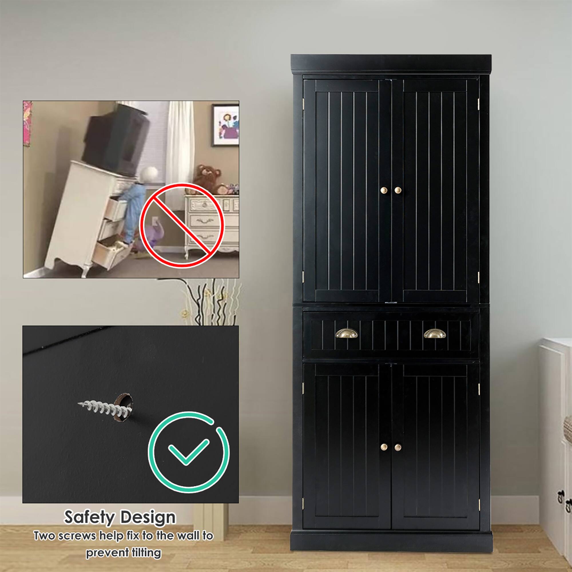 Safety Design: Two screws help fix to the wall to prevent tilting.