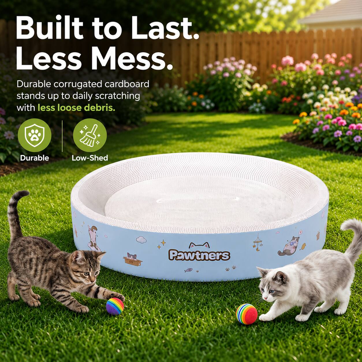 Built to Last. Less Mess.  
Durable corrugated cardboard stands up to daily scratching with less loose debris.  
Durable  
Low-Shed  
Pawtners