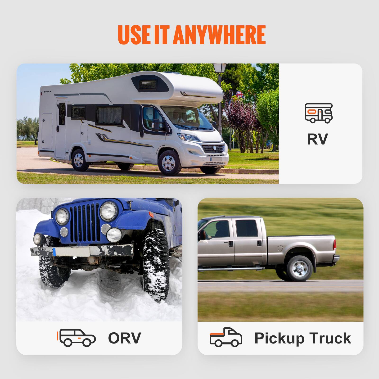 USE IT ANYWHERE

RV

ORV

Pickup Truck