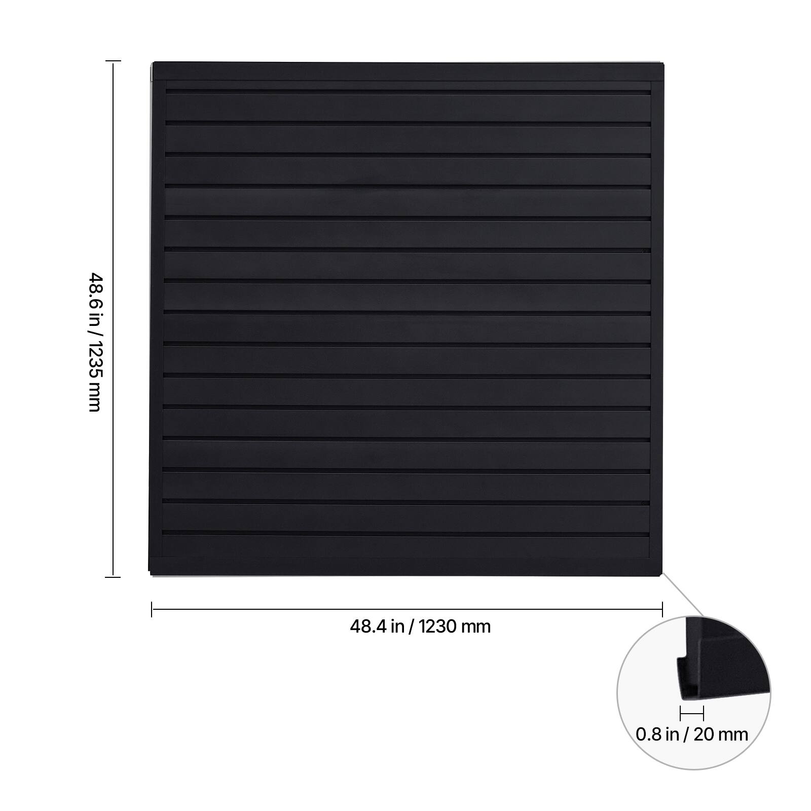 48.6 in / 1235 mm  
48.4 in / 1230 mm  
0.8 in / 20 mm