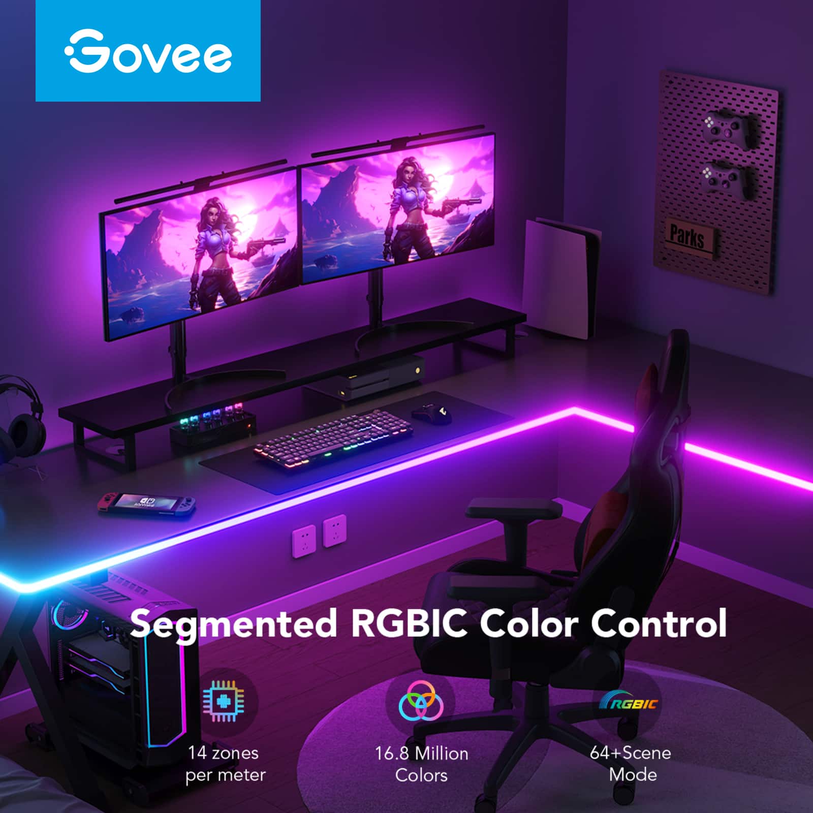 Govee Parks 60" Segmented RGBIC Color Control RGBIC 14 zones per meter 16.8 Million Colors 64+Scene Mode