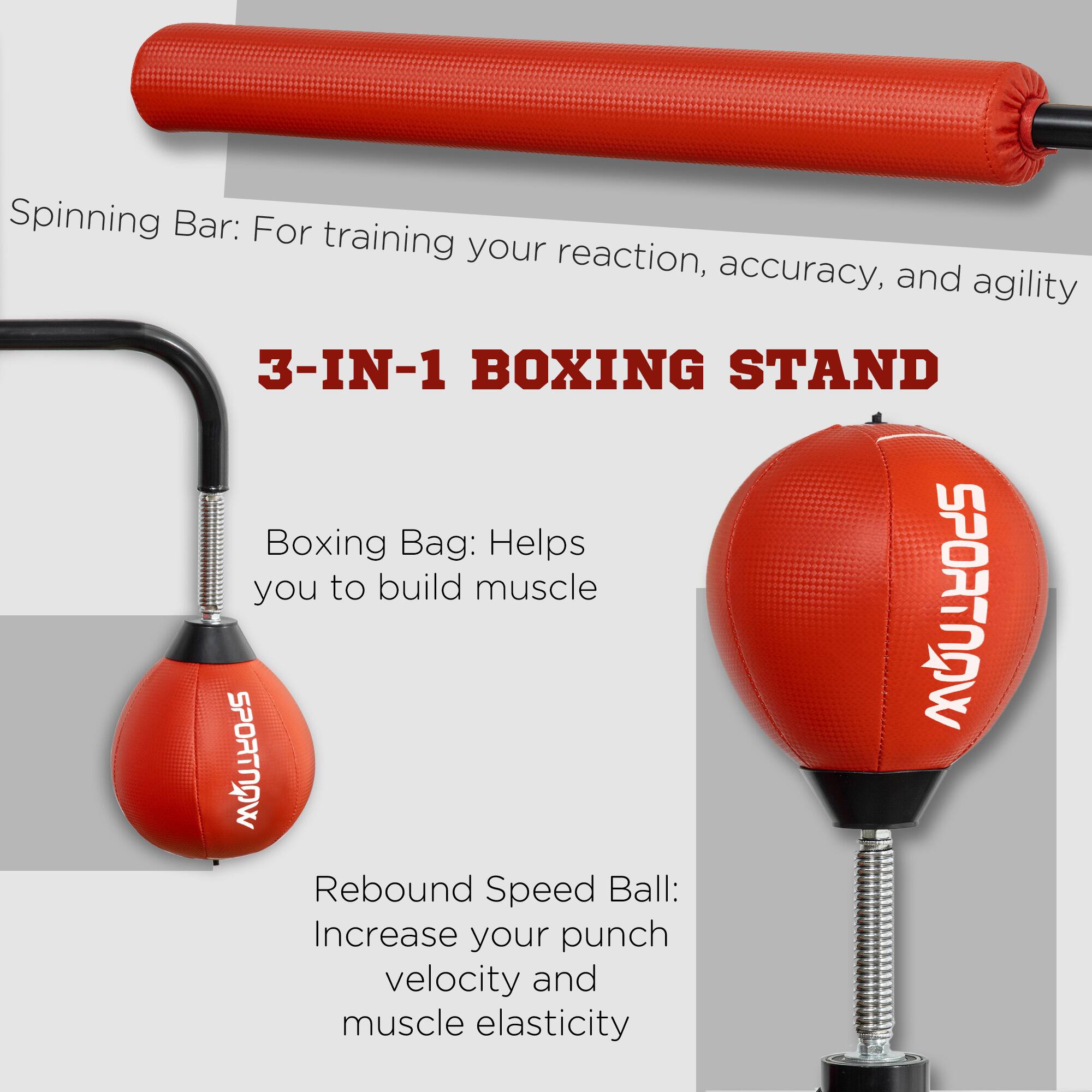 Spinning Bar: For training your reaction, accuracy, and agility

3-IN-1 BOXING STAND

Boxing Bag: Helps you to build muscle

Rebound Speed Ball: Increase your punch velocity and muscle elasticity