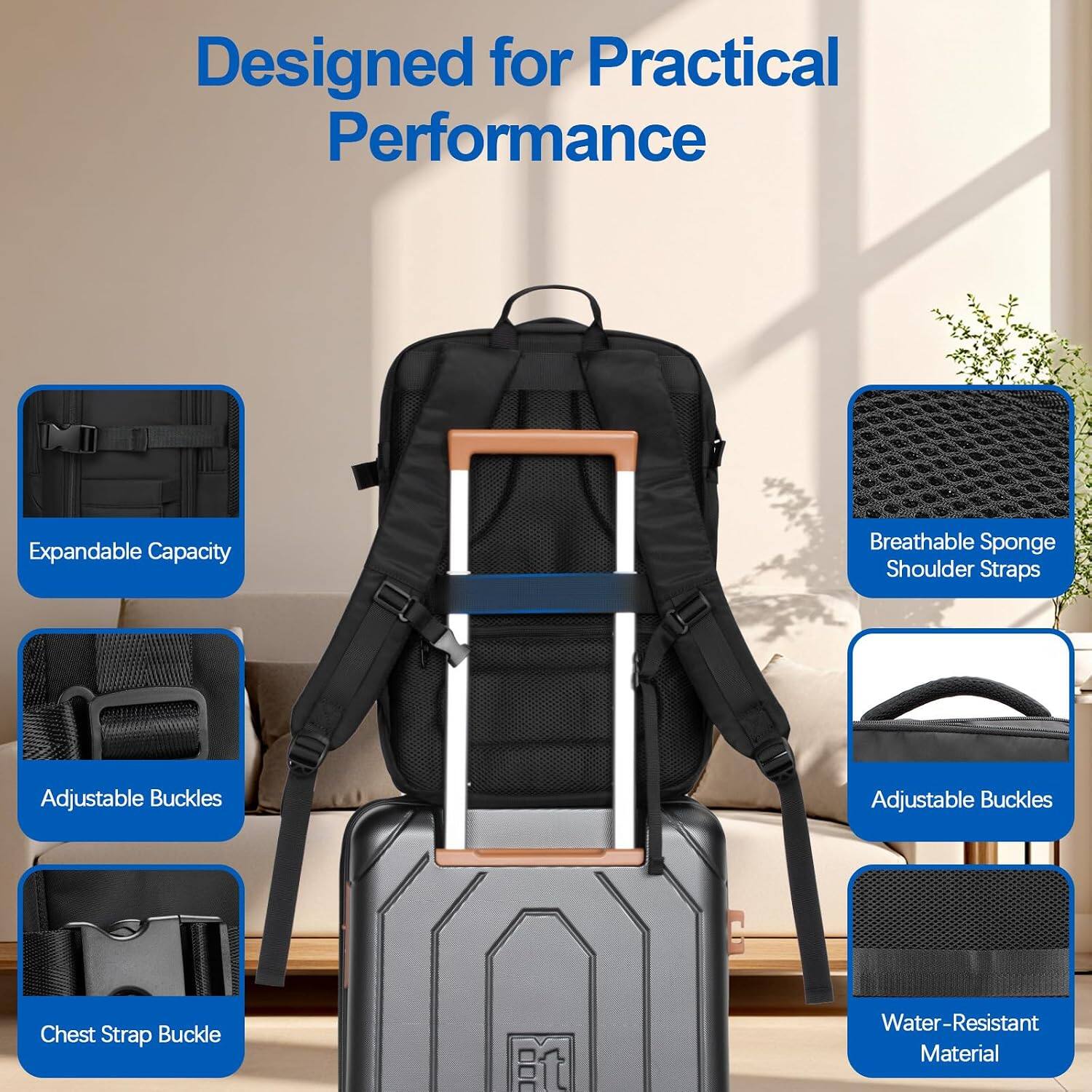 Designed for Practical Performance  
Expandable Capacity  
Breathable Sponge Shoulder Straps  
Adjustable Buckles  
Chest Strap Buckle  
Water-Resistant Material