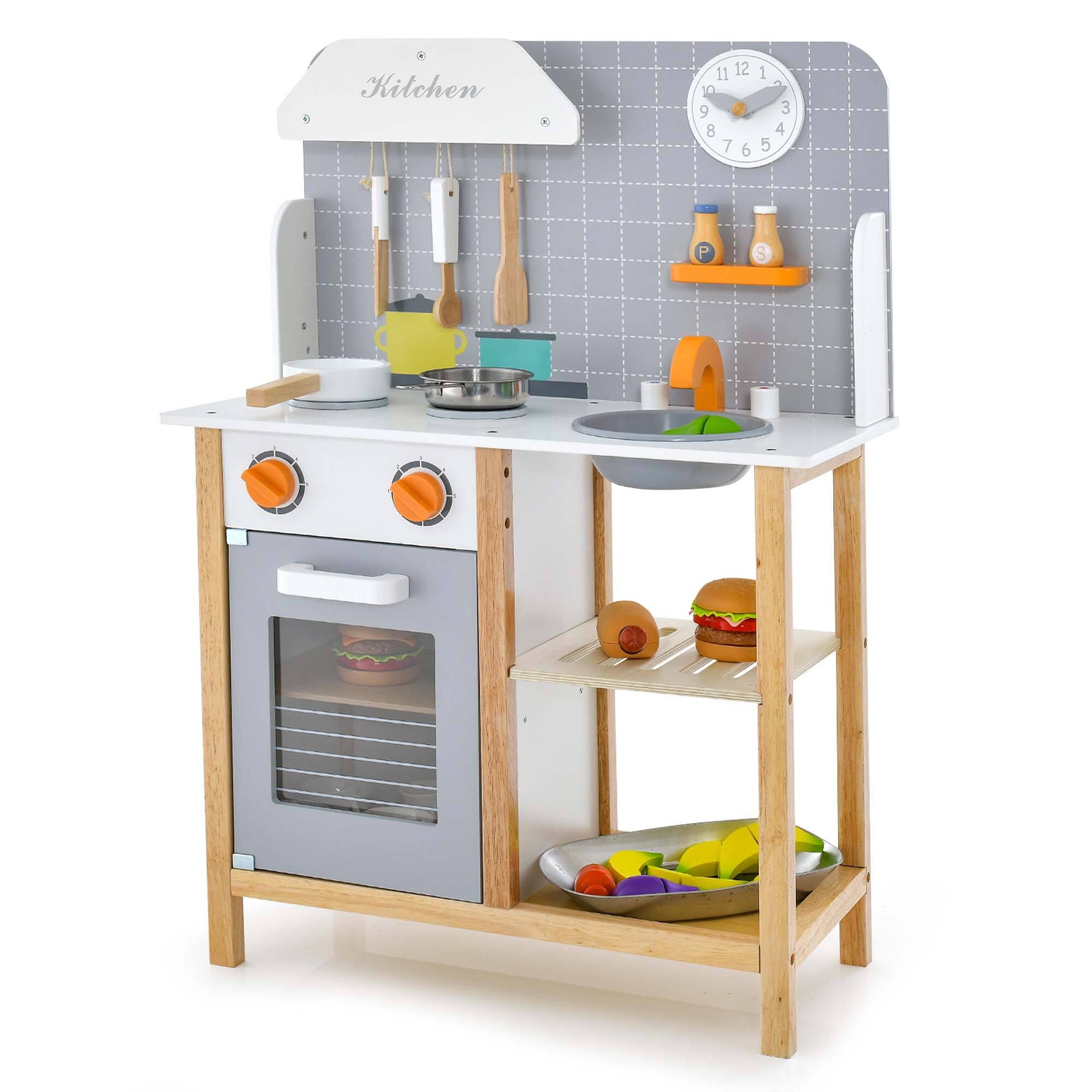 Costway - Wooden Kid's Play Kitchen Set Pretend Chef Cooking Toy with Cookware Accessories - Multicolor