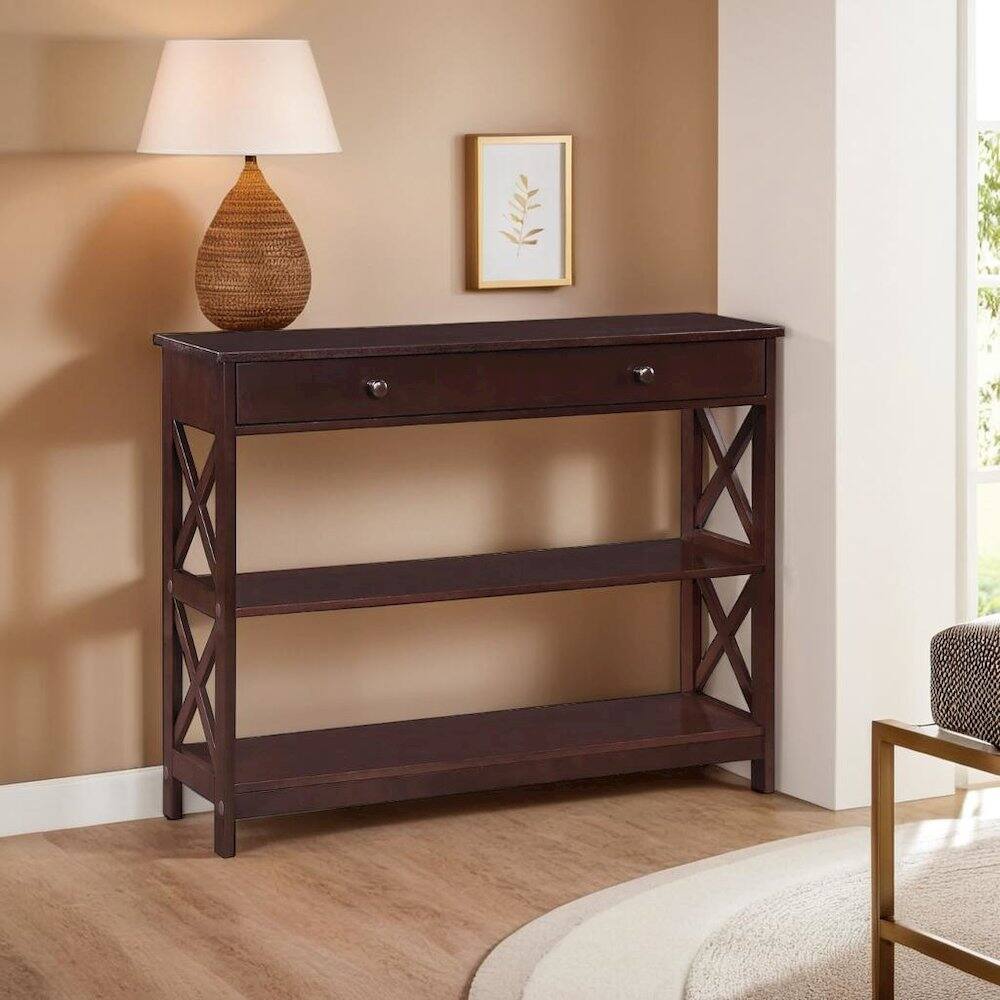 Back. FurniFact - Brown Console Table with 1 Drawer and Shelves - Espresso.