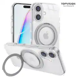 TOPVISION - Phone Case for iPhone 16 MagSafe Compatible, Acrylic Clear Case with Magnetic Ring Stand - White