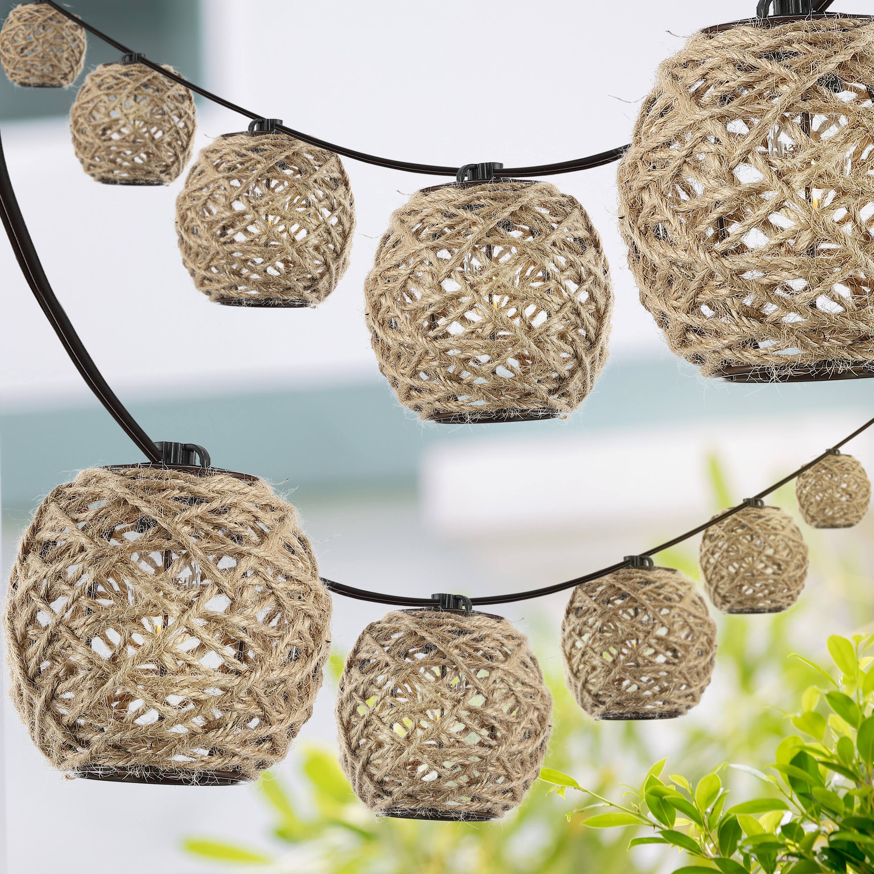 Alt View 4. Jonathan Y - Oahu 10-Light Indoor/Outdoor 10 ft. Rustic Coastal LED C7 Globe Hemp Rope Shaded String Lights, Light Brown - Light Brown.