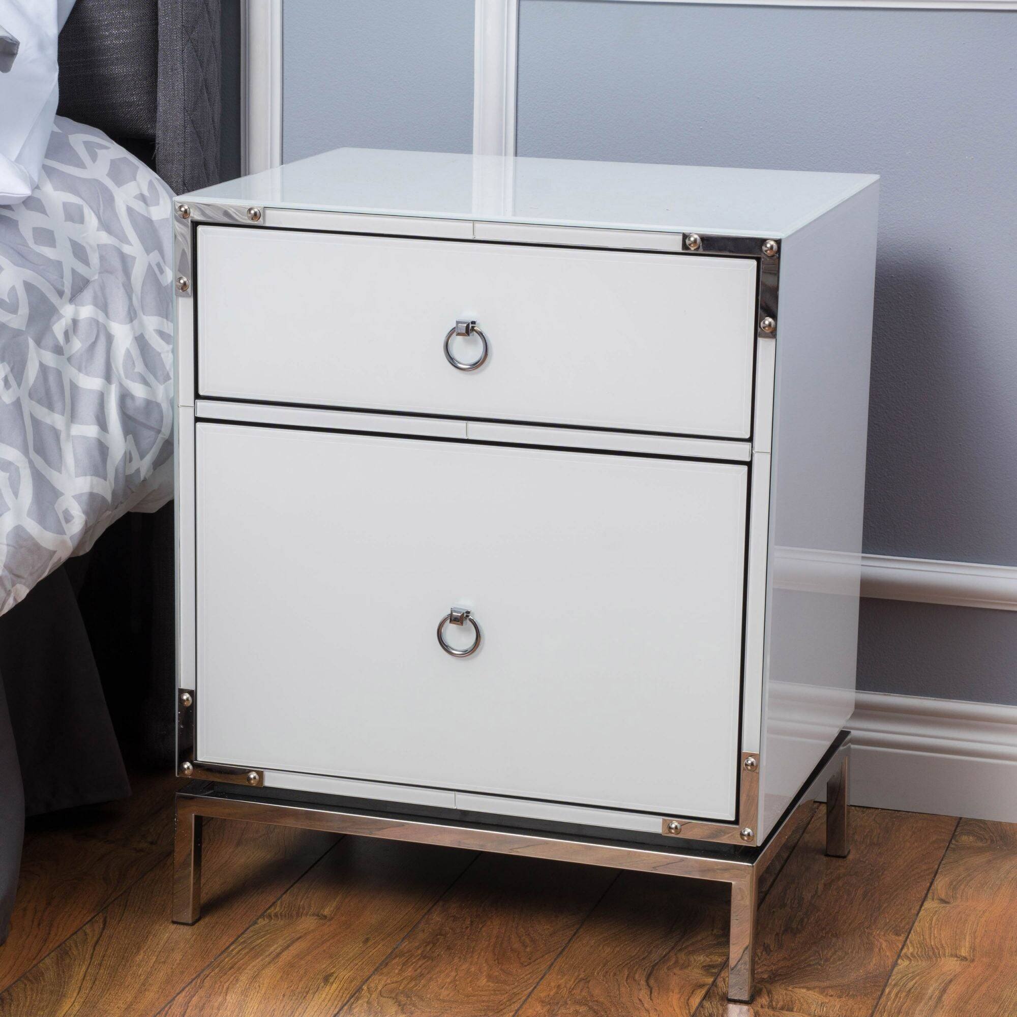 Alt View 1. Boyel Living - Modern White Elegant 2-Drawer Nightstand with Silver Mirrored Edge and Legs. End Table with Drawer and Cabinet - White.