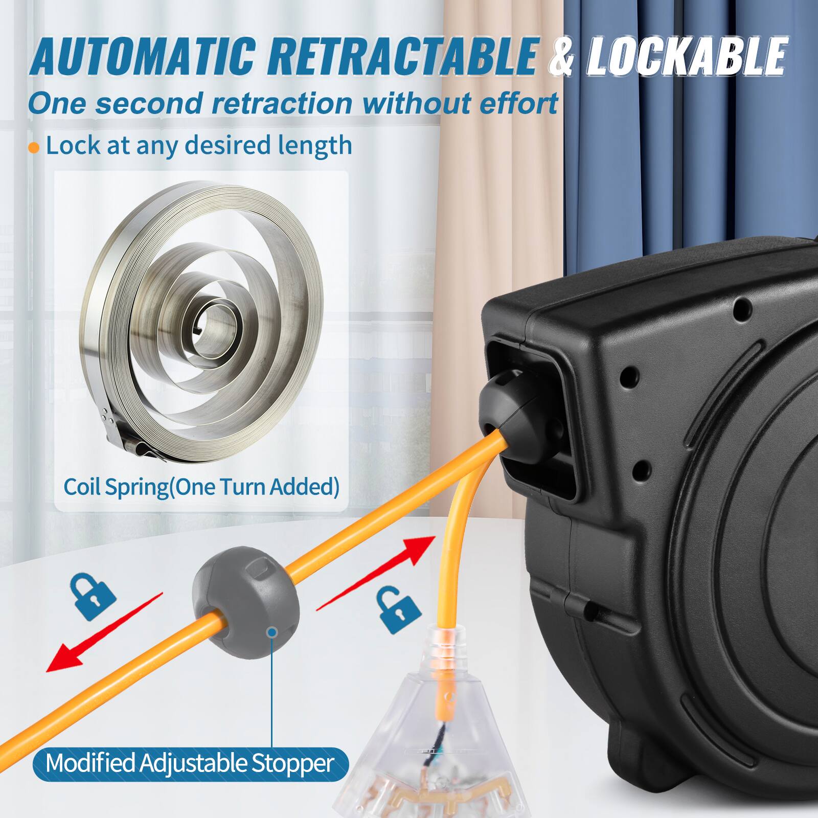 AUTOMATIC RETRACTABLE & LOCKABLE  
One second retraction without effort  
Lock at any desired length  

Coil Spring (One Turn Added)  
Modified Adjustable Stopper