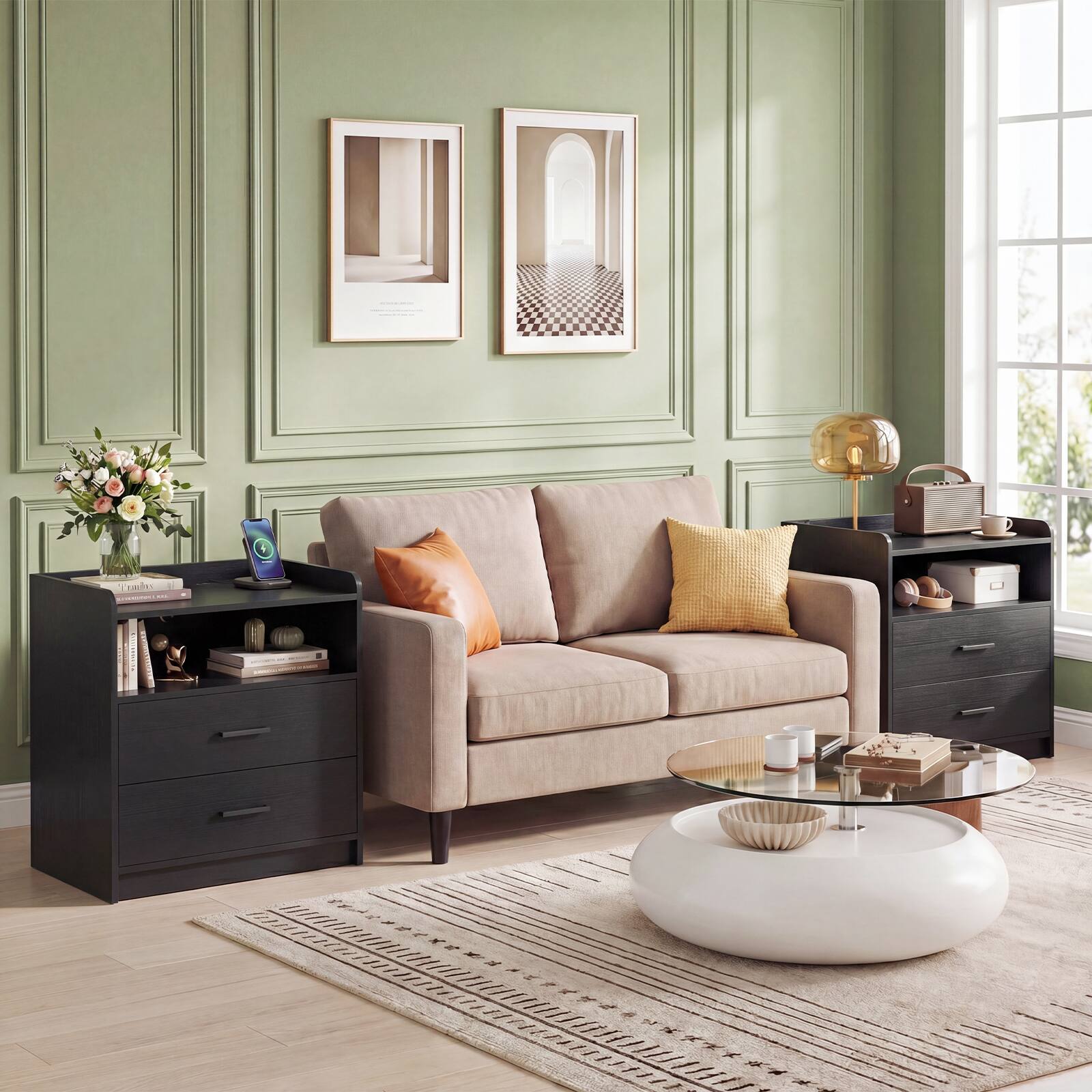 Alt View 2. Aheaplus - 2 Drawer Nightstand with Charging Station, 23.6'' Wide Bedside with Open Shelves - Black.