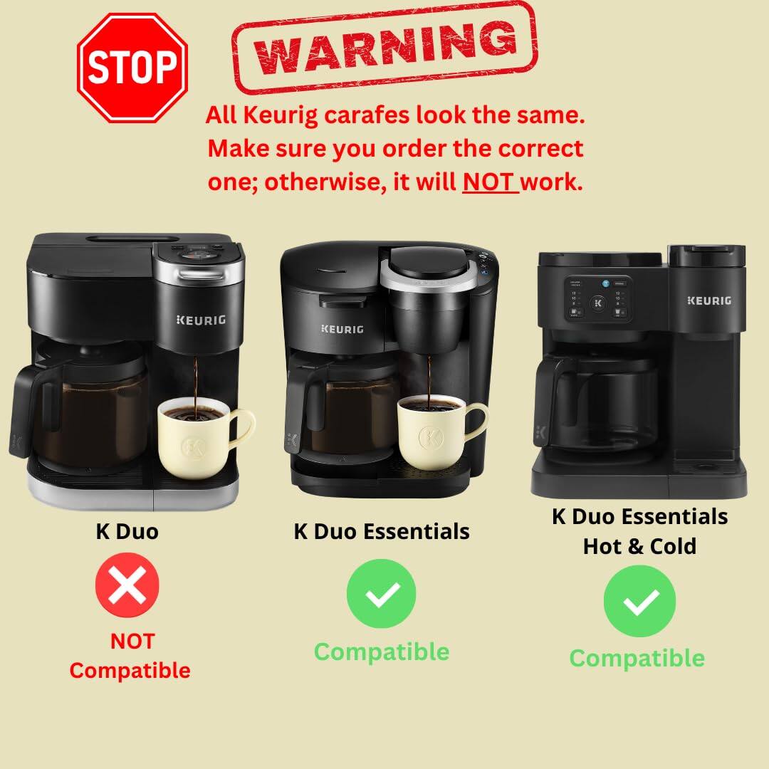 STOP WARNING  
All Keurig carafes look the same.  
Make sure you order the correct one; otherwise, it will NOT work.  

K Duo  
NOT Compatible  

K Duo Essentials  
Compatible  

K Duo Essentials Hot & Cold  
Compatible