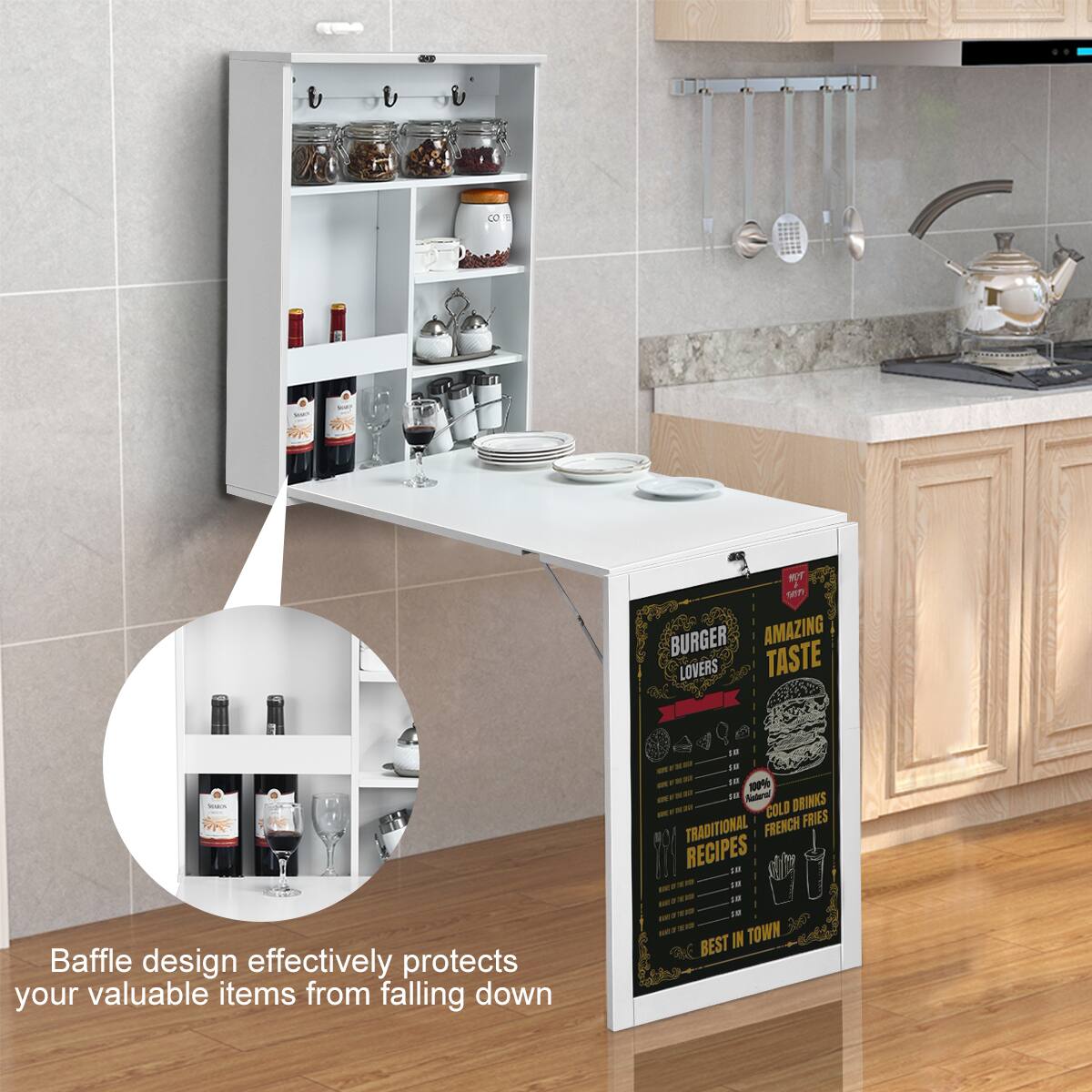 Baffle design effectively protects your valuable items from falling down, BURGER LOVERS, AMAZING TASTE, COLD DRINKS, TRADITIONAL RECIPES, FRENCH FRIES, BEST IN TOWN