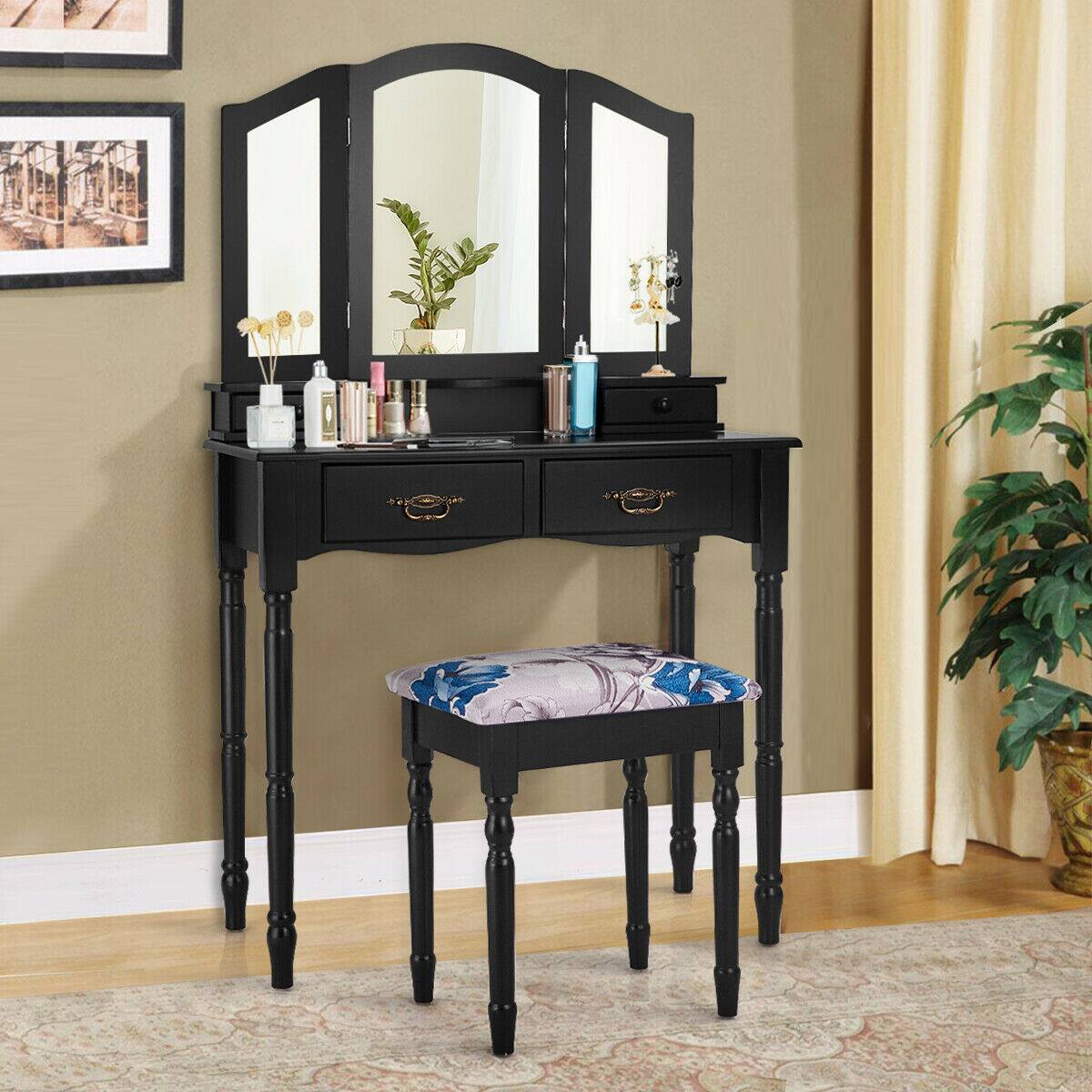 Alt View 1. Ecooso - Modern Vanity Desk with Folding Mirror, Hidden Compartments and Open Shelf Organizer - Black.
