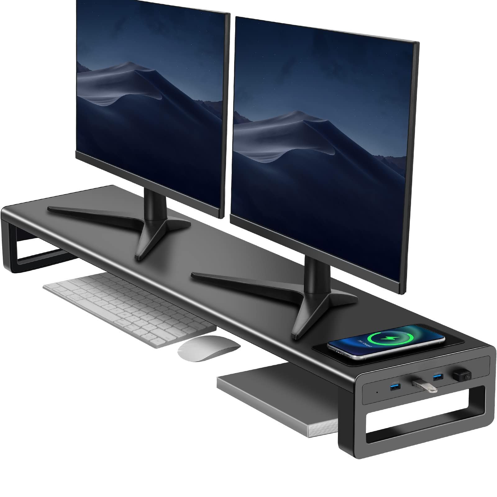Cedar Assembly - Dual Monitor Stand Double Riser With Wireless And 4 Usb 3.0 Hub Ports Metal Desk Raiser For 2 Monitors Pc - X-Large