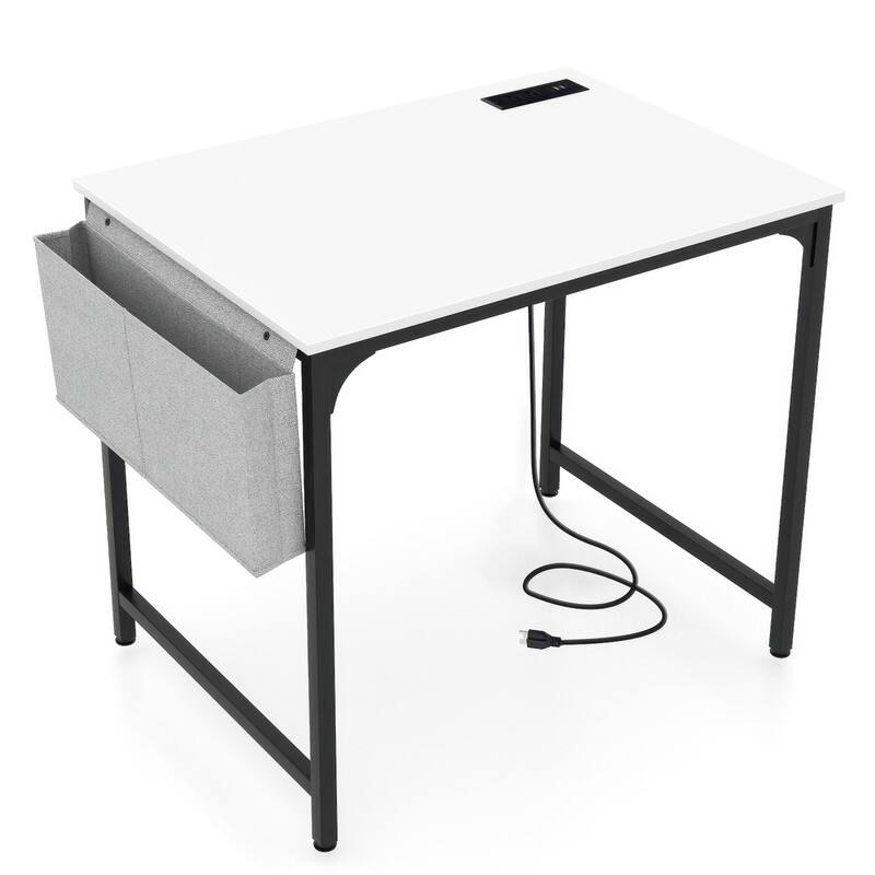 Alt View 5. WELLFOR - 32"  Computer Desk with Charging Station & Storage Bag, Study & Gaming Desk with Metal Frame for Small Spaces - White.