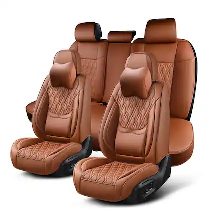 Front. COTTAGE - Car Seat Covers Full Set Breathable Leather Automotive Front And Rear Headrest Universal Vehicle Cover For - Gray 3 pockets.