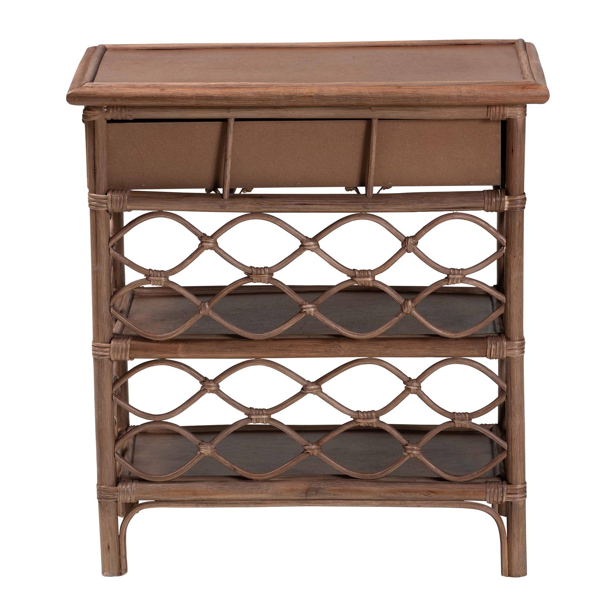 Alt View 1. bali & pari - Akane Natural Rattan Nightstand with Drawer and Open Shelves – Coastal Bedside Table with Lattice Design, Brown - Antique Brown.