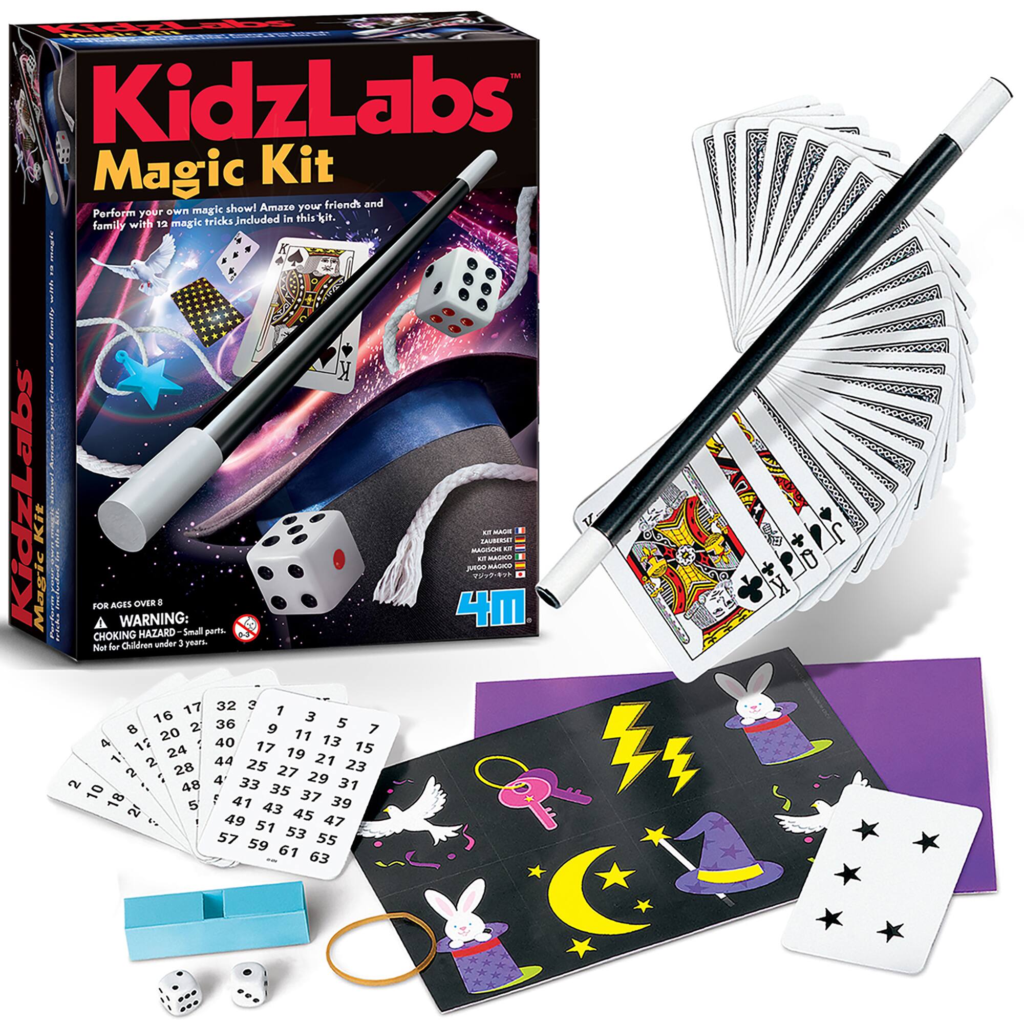 KidzLabs Magic Kit: Make your friends and perform your own magic show with tricks included in this kit. For ages over 8. WARNING: Small parts. Not for children under 3 years. 10 magic tricks.