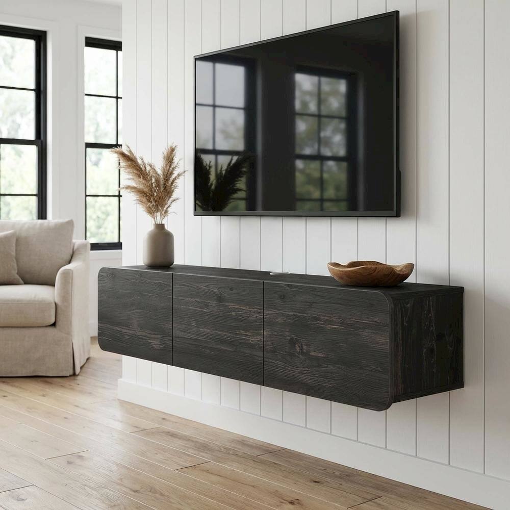 Alt View 1. FurniFact - Black floating TV stand, 80 inch flat screens, modern design, durable wood - Black.