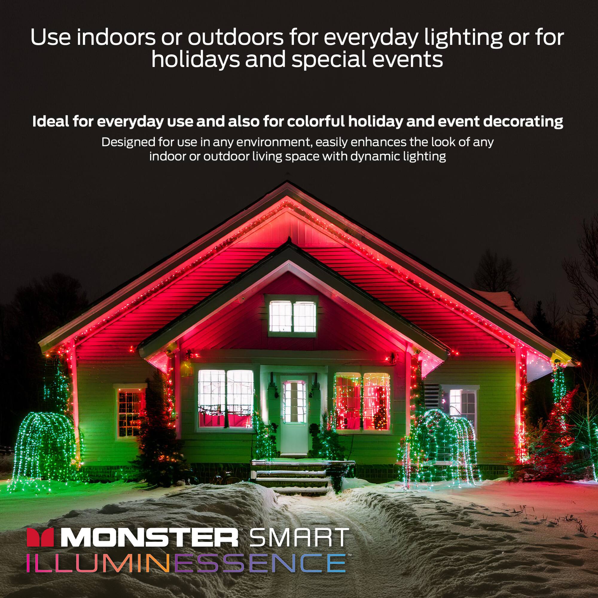 Use indoors or outdoors for everyday lighting or for holidays and special events

Ideal for everyday use and also for colorful holiday and event decorating

Designed for use in any environment, easily enhances the look of any indoor or outdoor living space with dynamic lighting

MONSTER SMART ILLUMINESSENCE
