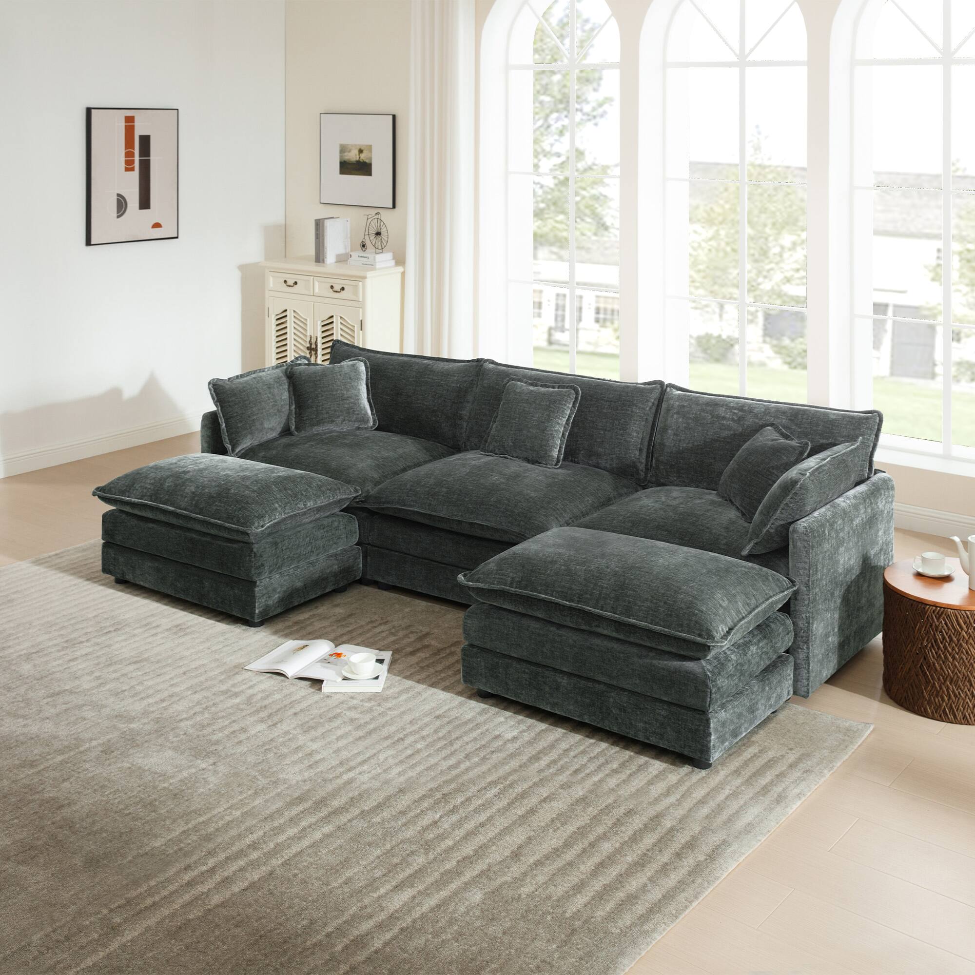 Front. LOVMOR - 3 Seater Chenille Sectional Couch U Shaped Easy Assembly For Living Room Home Theater Plush Cozy Lounge Indoor - Gray.