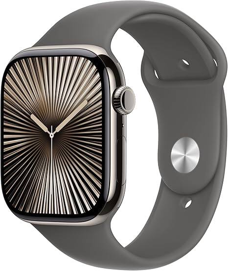 Front. Apple - Watch Series 10 (GPS+Cellular) 46mm Natural Titanium Case with Stone Grey Sport Band - S/M - Natural Titanium.