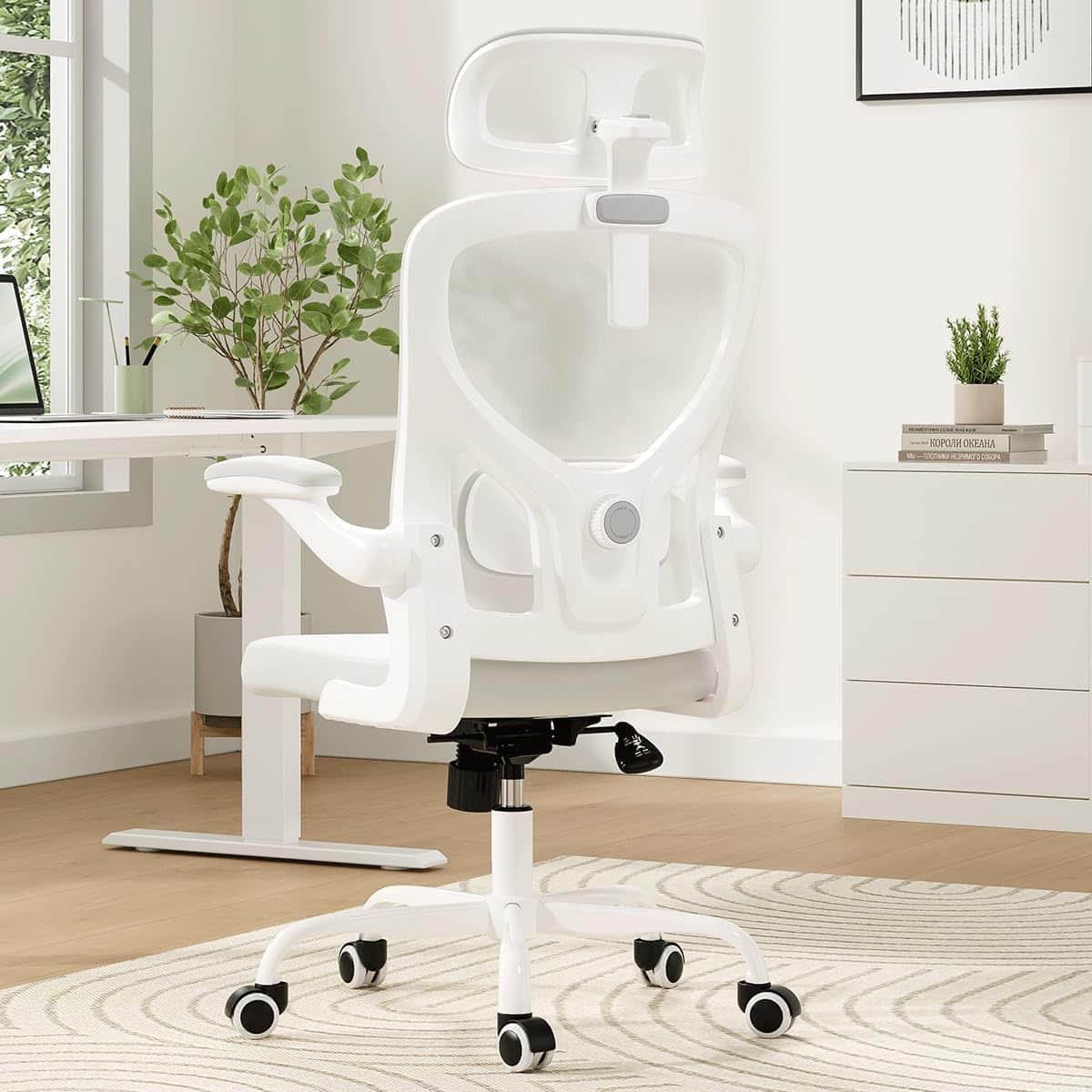 PexFix - Ergonomic Office Chair with Flip-Up Arms, 121° Recline & Adjustable Lumbar Support, 300 lb Capacity - White