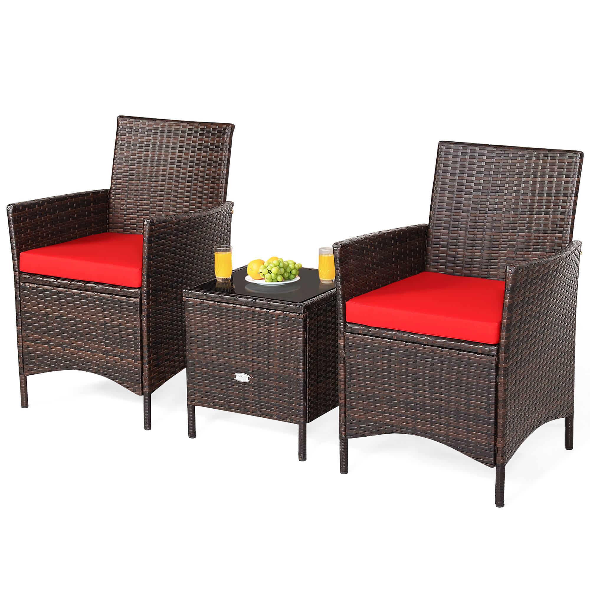 Left. Costway - 3PCS Patio Rattan Furniture Set Cushioned Sofa Glass Tabletop Deck - Red,Mix Brown.