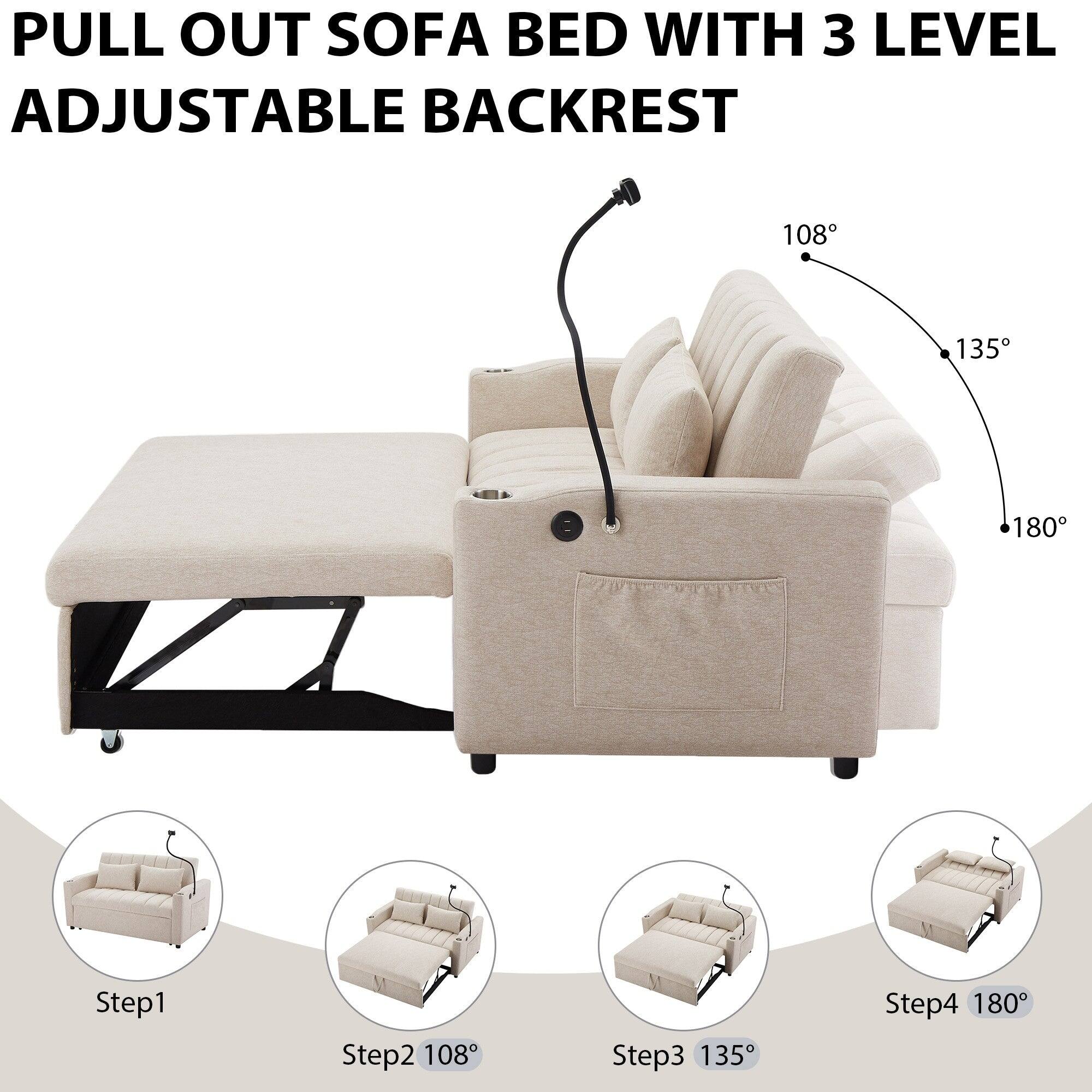 PULL OUT SOFA BED WITH 3 LEVEL ADJUSTABLE BACKREST

Step1

Step2 108°

Step3 135°

Step4 180°