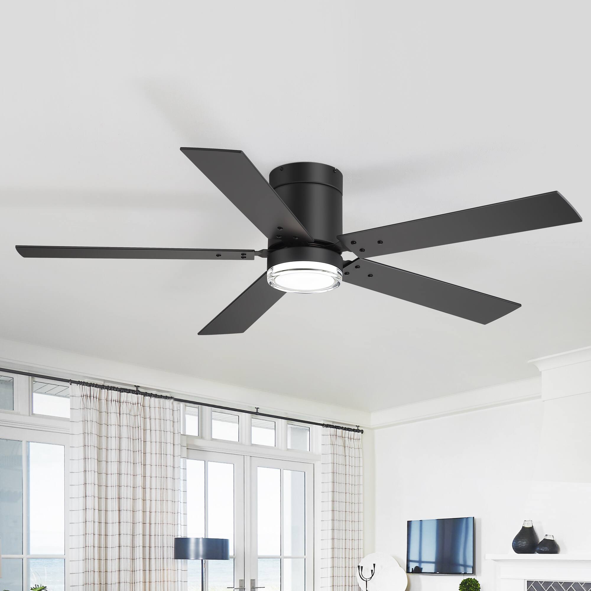 Back. Breezary - 52-Inch Modern Flush Mount Ceiling Fan with LED Light and Remote, Dual-layer acrylic shade, 5 Blades, DC Motor - black.