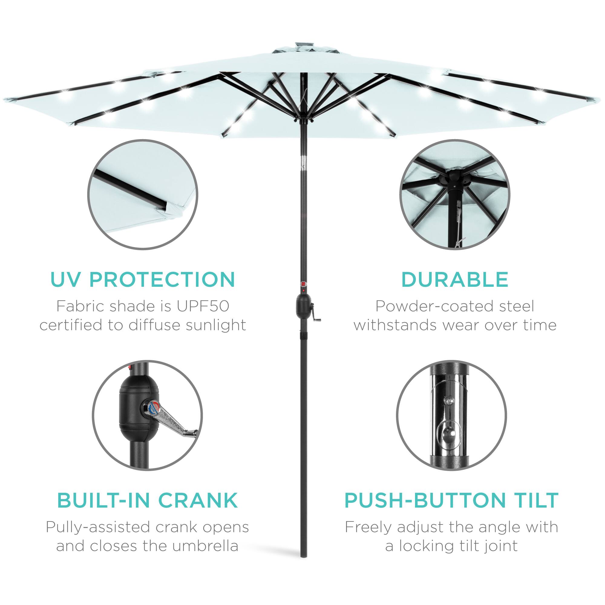 UV Protection: Fabric shade is UPF50 certified to diffuse sunlight.  
Durable: Powder-coated steel withstands wear over time.  
Built-in Crank: Pulley-assisted crank opens and closes the umbrella.  
Push-button Tilt: Freely adjust the angle with a locking tilt joint.