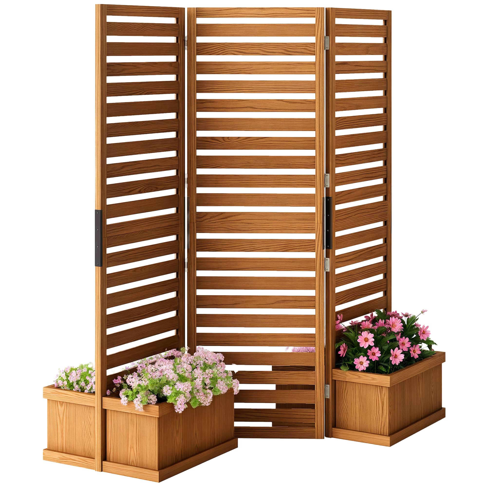 Outsunny - Wood Privacy Screen w/ 4 Planter Box - Natural Wood