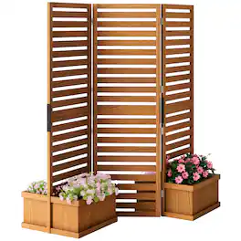 Outsunny - Wood Privacy Screen w/ 4 Planter Box - Natural Wood