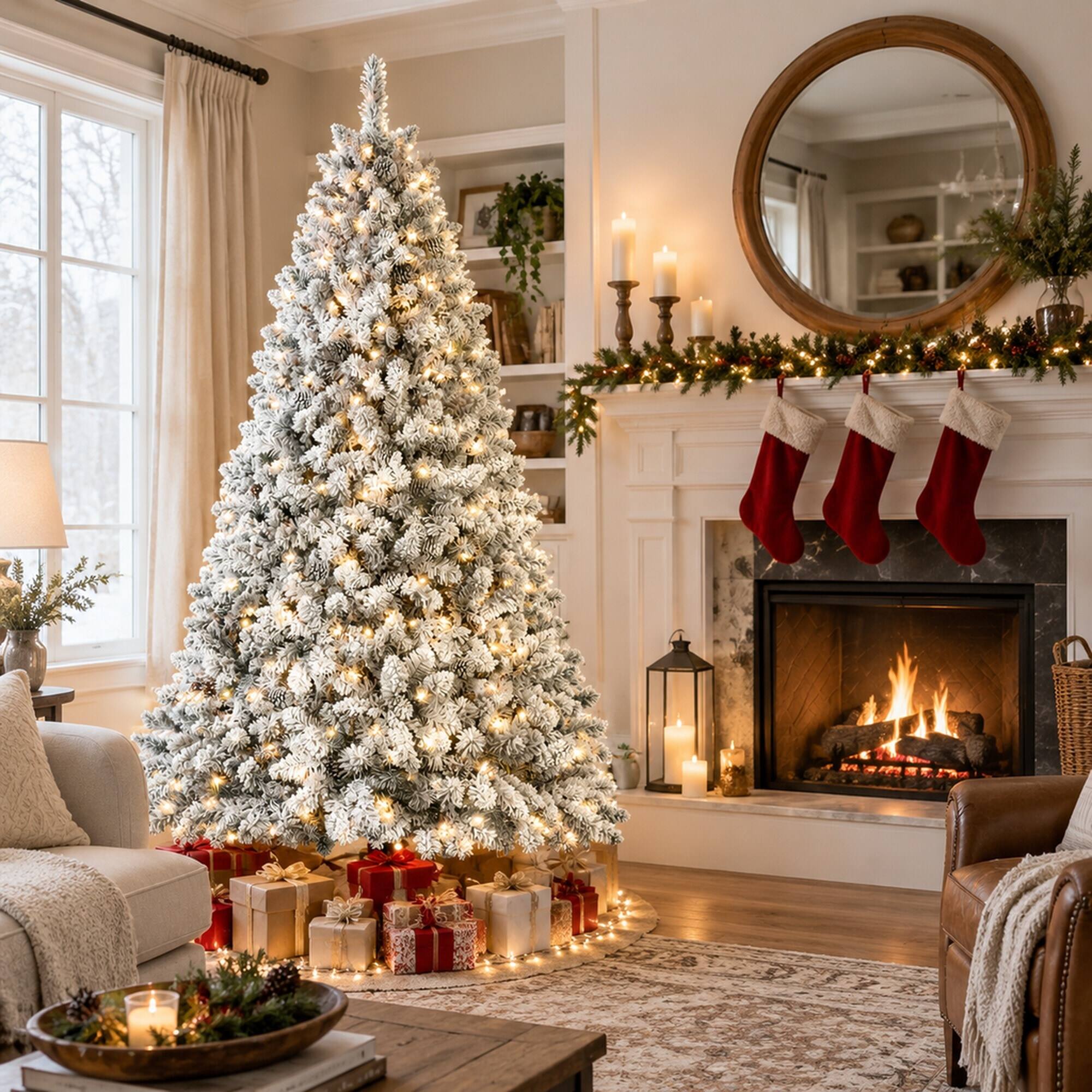 Angle. RYHNUYNE - 9FT Flocked Pre-Lit Christmas Tree With 750 Lights and 63 Pine Cones, 2095 Snowy Tips and Metal Stand - Green,White.