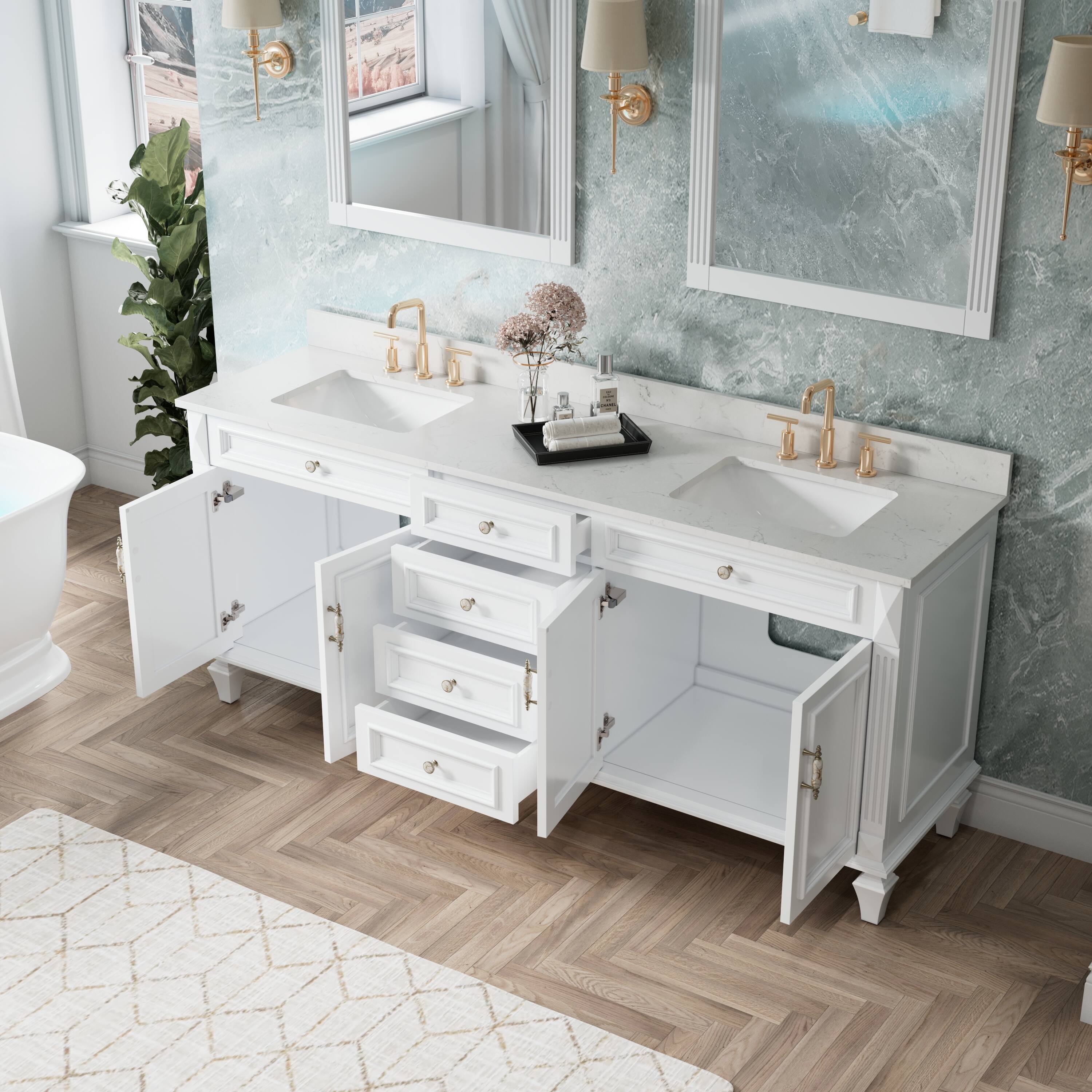 Alt View 1. WELLFOR - ARTWOOD 80 in. Solid Wood Bath Vanity with Quartz Top, Double Sink, Soft Close, Assembled - White.