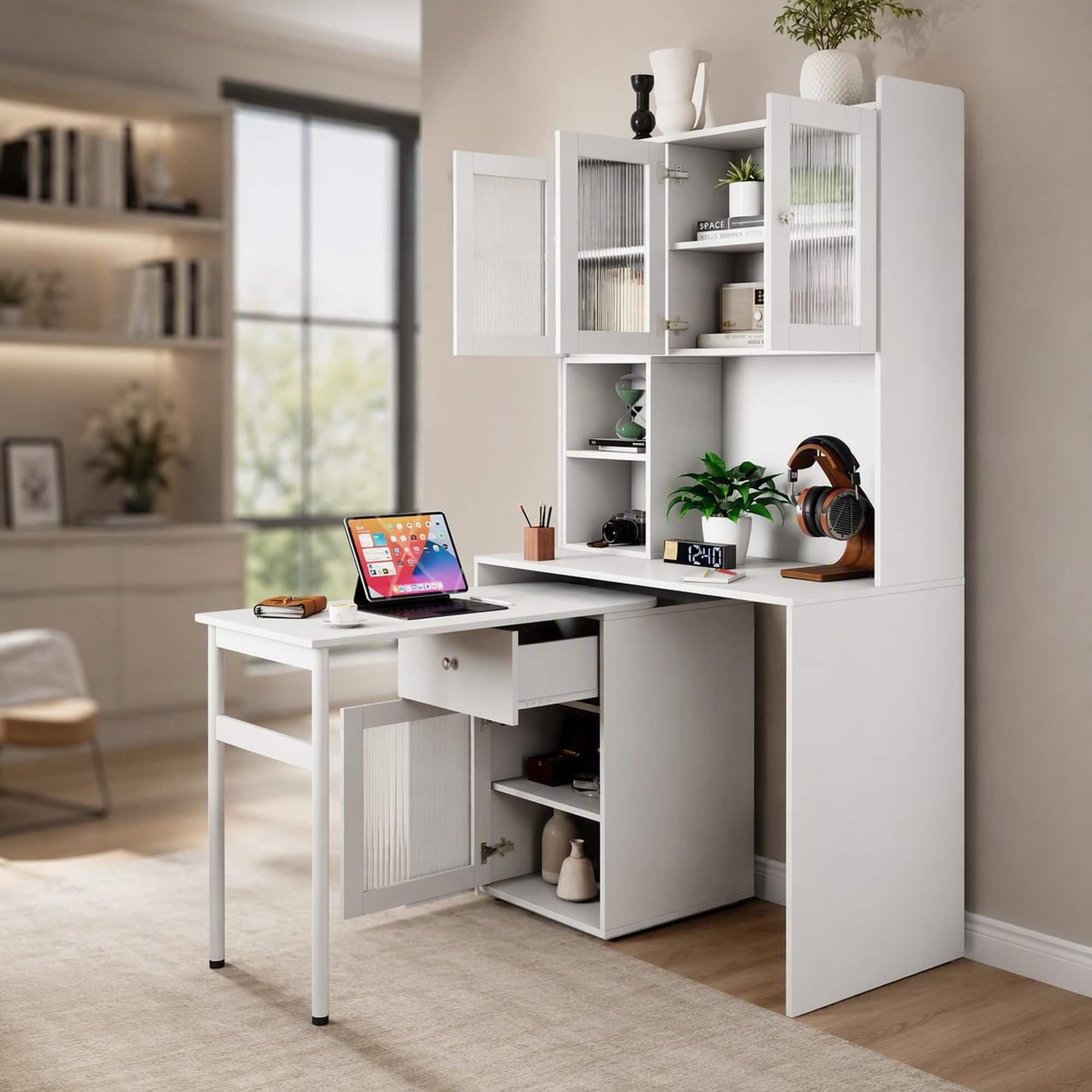 RYHNUYNE - Computer Desk with Glass Door Hutch, 90 Degree Rotating Desktop, Storage Shelves and Drawer for Home Office, Study - White