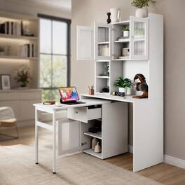 RYHNUYNE - Computer Desk with Glass Door Hutch, 90 Degree Rotating Desktop, Storage Shelves and Drawer for Home Office, Study - White