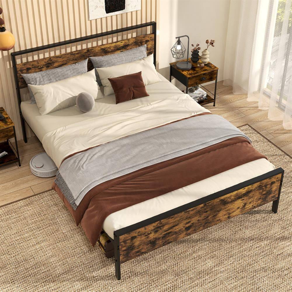 Alt View 2. Kadyn - Platform Bed Frame, Bedroom Bed Frame,Queen Metal Bed Frame Industrial Platform Bed with Wooden Headboard-Queen Size - Brown.