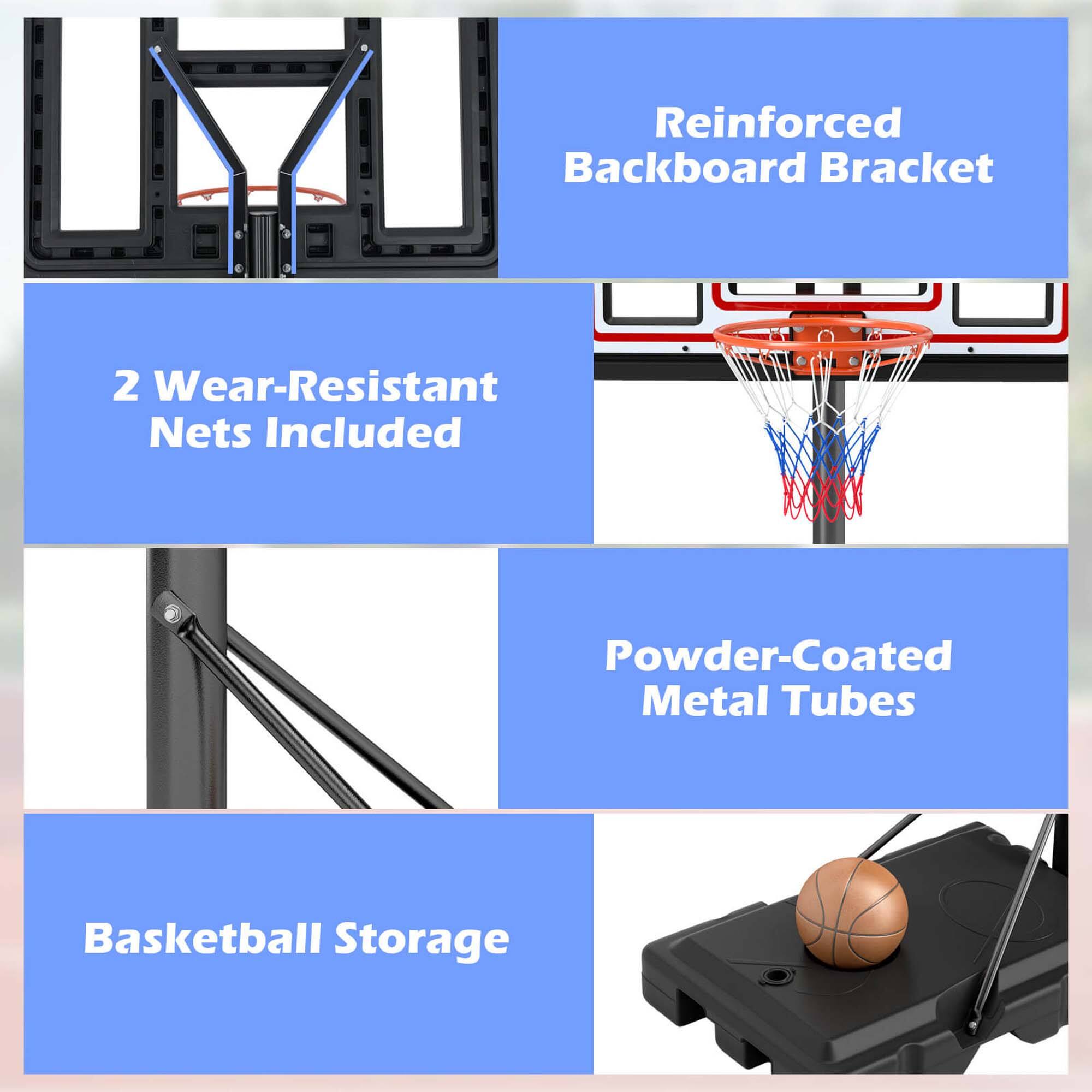 - Reinforced Backboard Bracket
- 2 Wear-Resistant Nets Included
- Powder-Coated Metal Tubes
- Basketball Storage